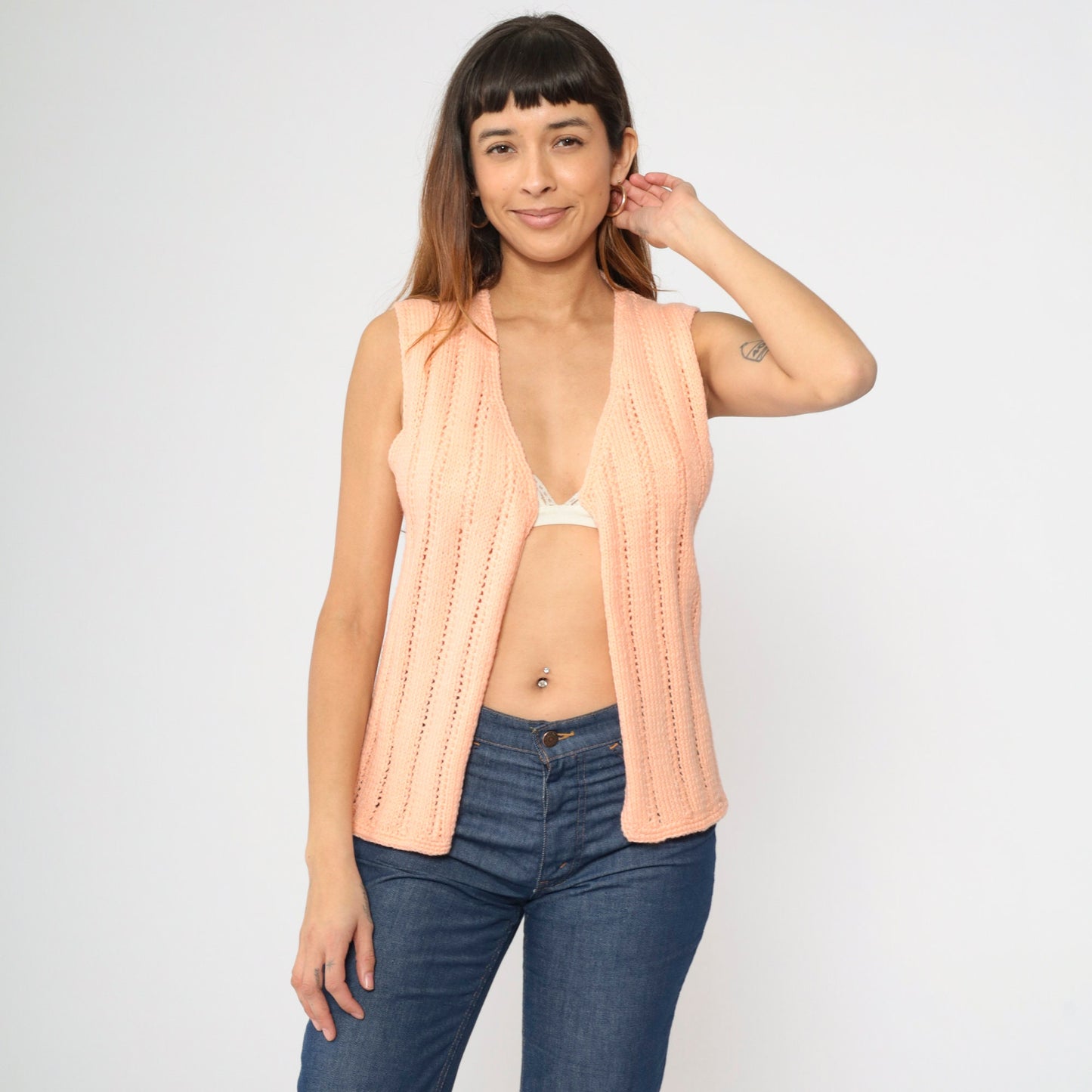 70s Peach Knit Vest Open Front Openwork Sleeveless Top Small