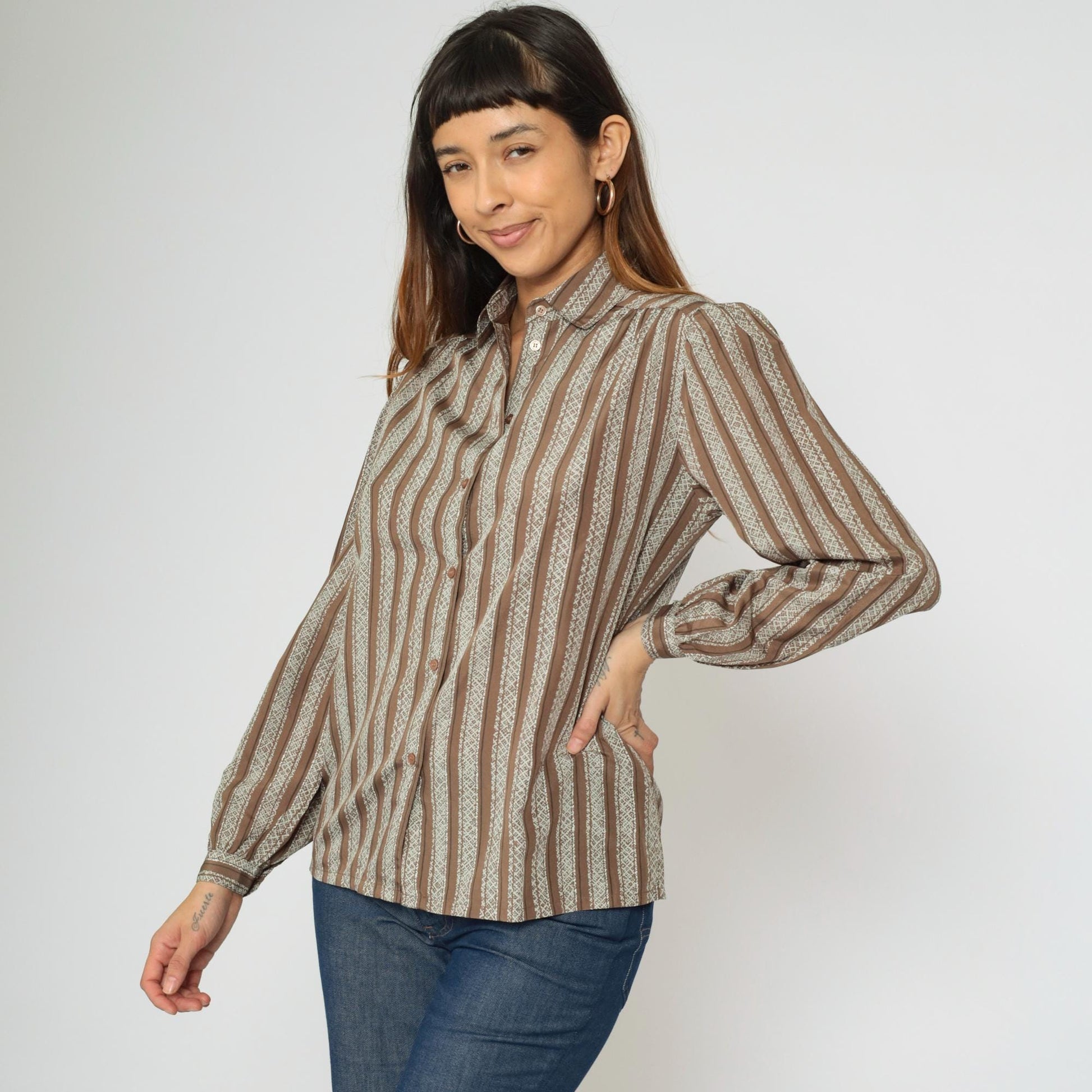 80s Brown & White Striped Puff Sleeve Blouse Collared Button Up Medium