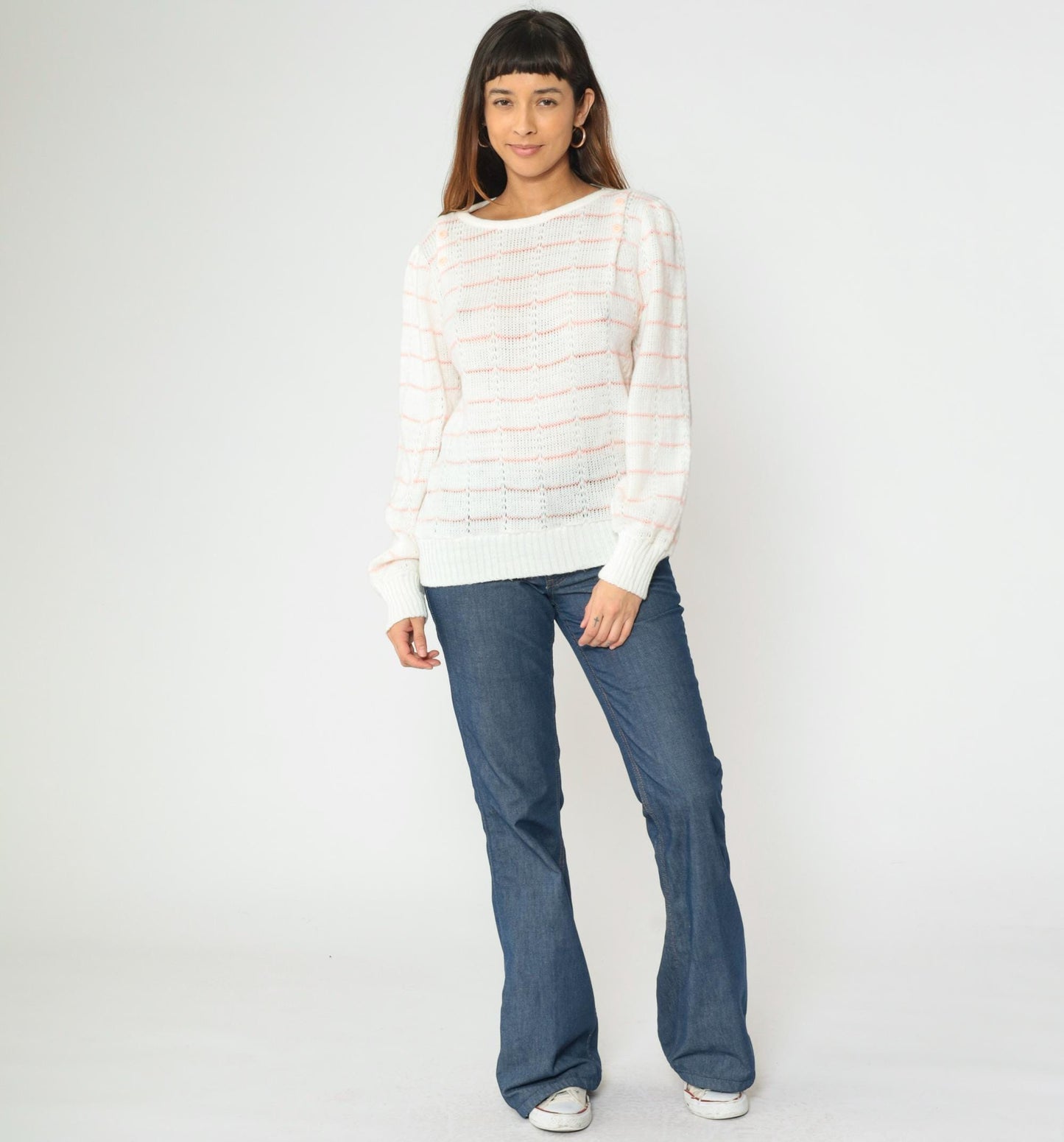 80s White Pink Striped Puff Sleeve Knit Sweater Boatneck Pullover Small Medium