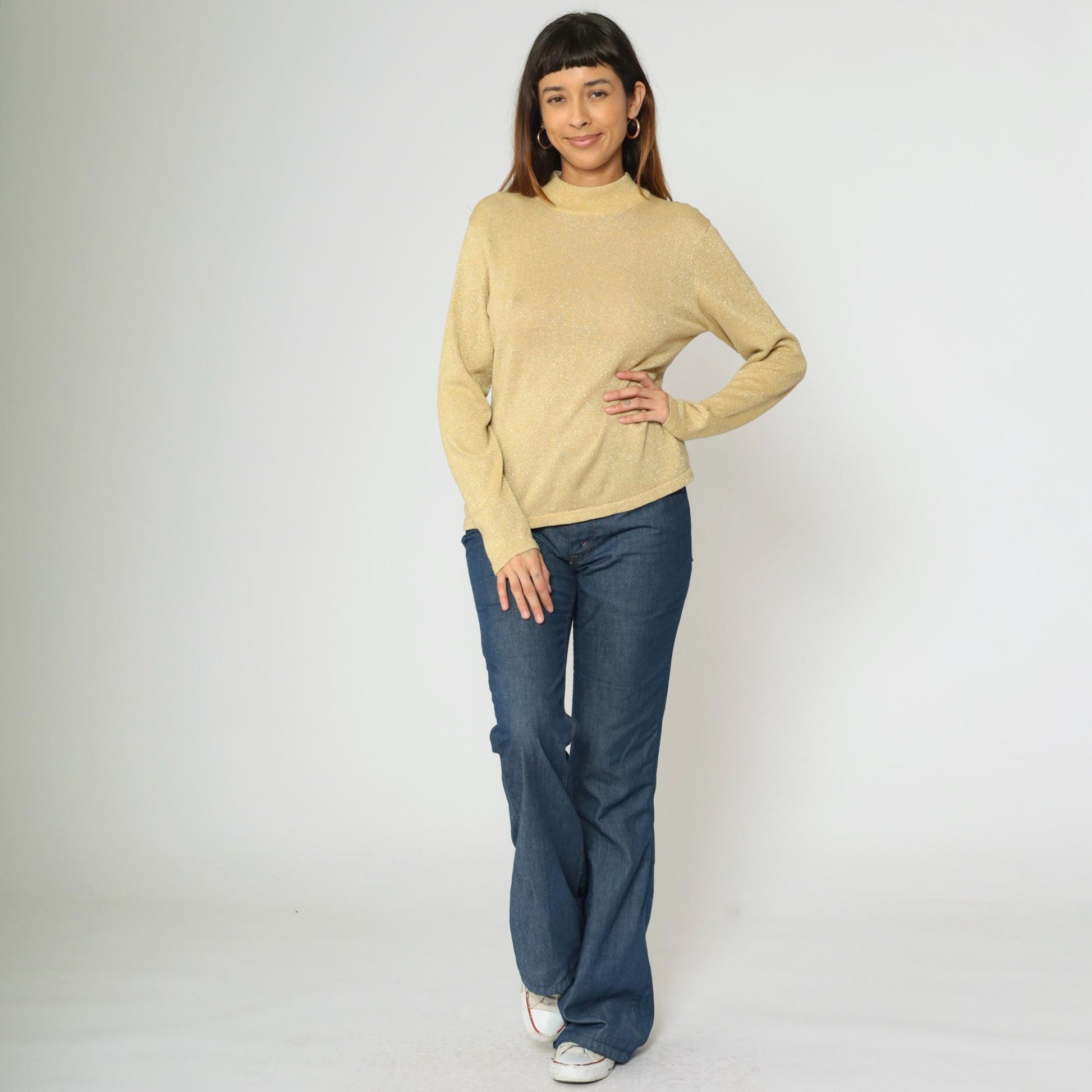 90s Metallic Gold Mock Neck Sweater Sparkly Knit Pullover Medium