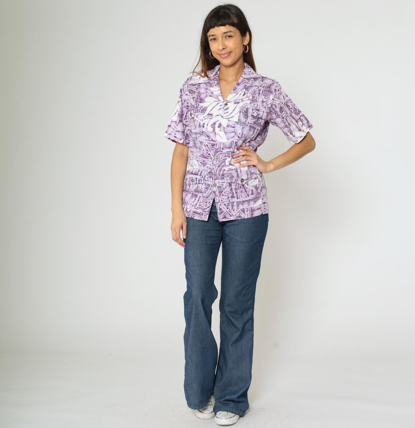 70s Rai Dani Hawaii Purple Floral Geometric Button-Up Shirt Extra Small