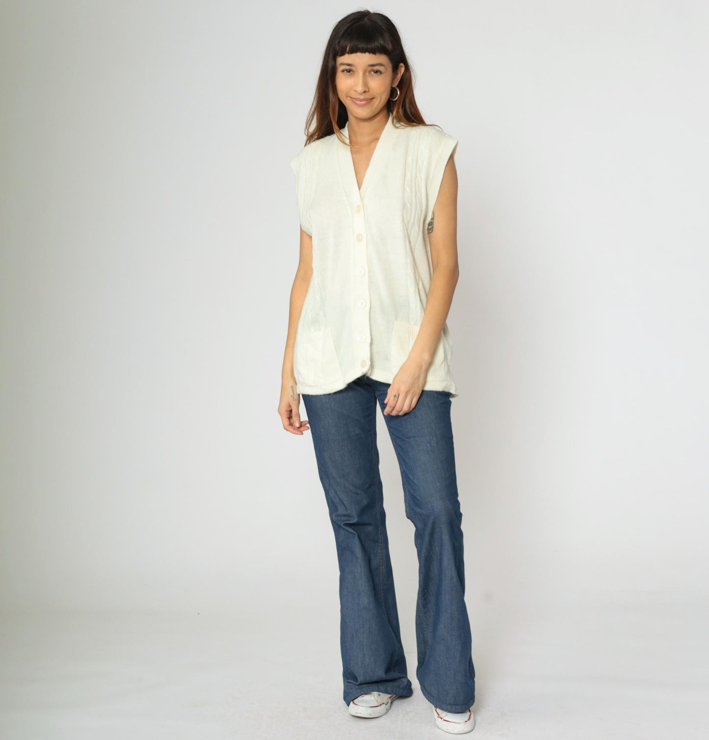 70s Cable Knit Vest Cream V-Neck Sleeveless Sweater Button-Up Large L