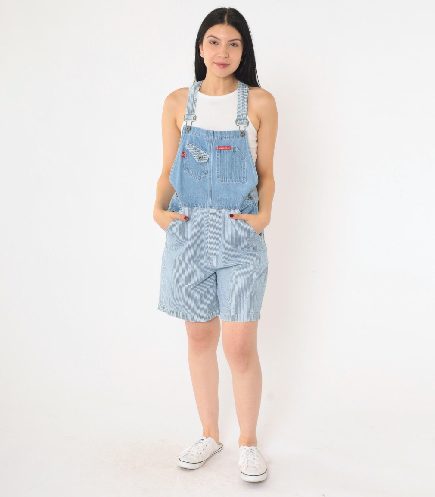 90s No Excuses Striped Denim Shortalls Blue White Hickory Bib Shorts Small
