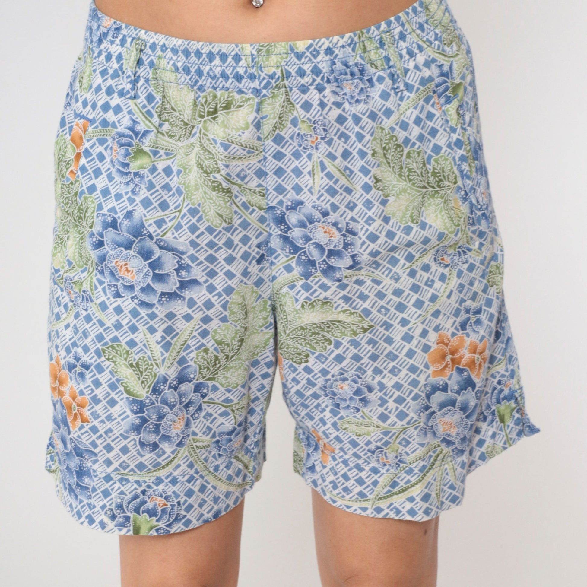 90s Lizwear Batik Floral Shorts Blue Cotton High Waist Small