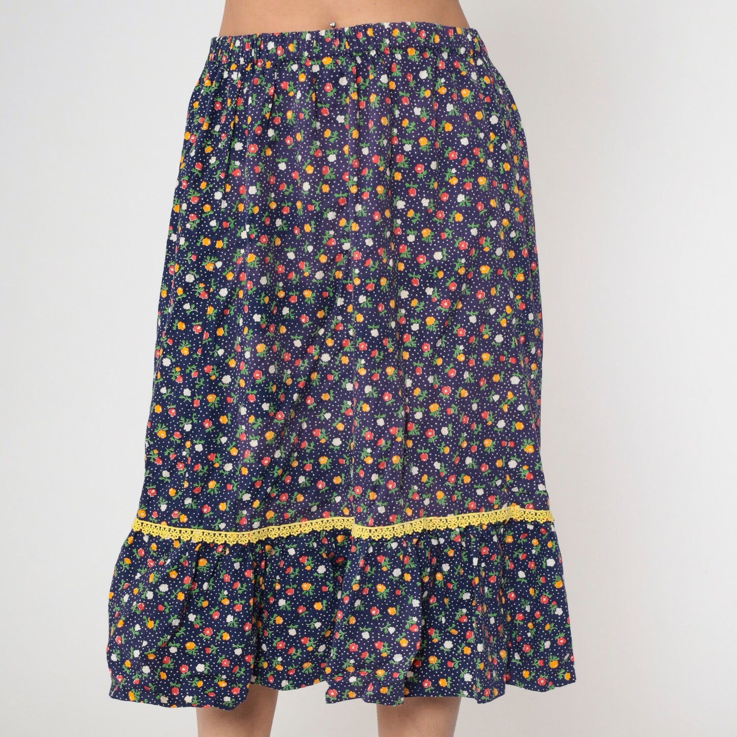 70s Navy Floral Calico Midi Skirt Tiered Flounce Elastic Waist Medium