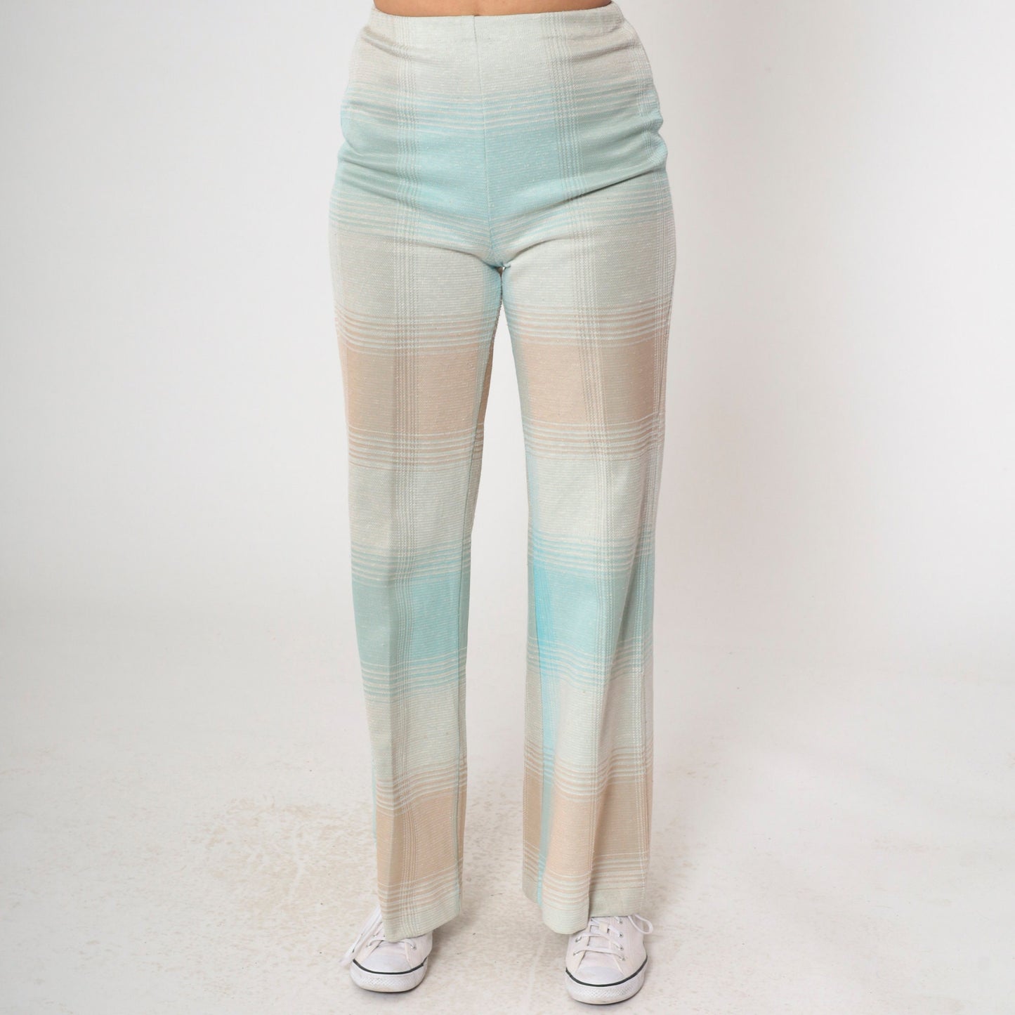 70s Plaid Flared Trousers High Waisted Bell Bottoms Pastel Blue Small