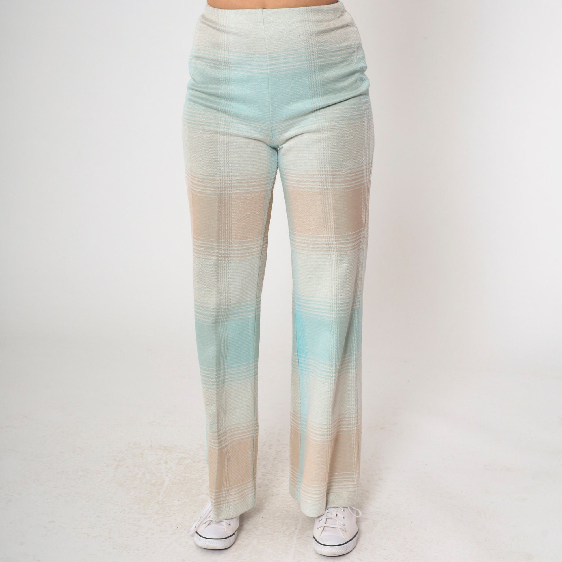 70s Plaid Flared Trousers High Waisted Bell Bottoms Pastel Blue Small