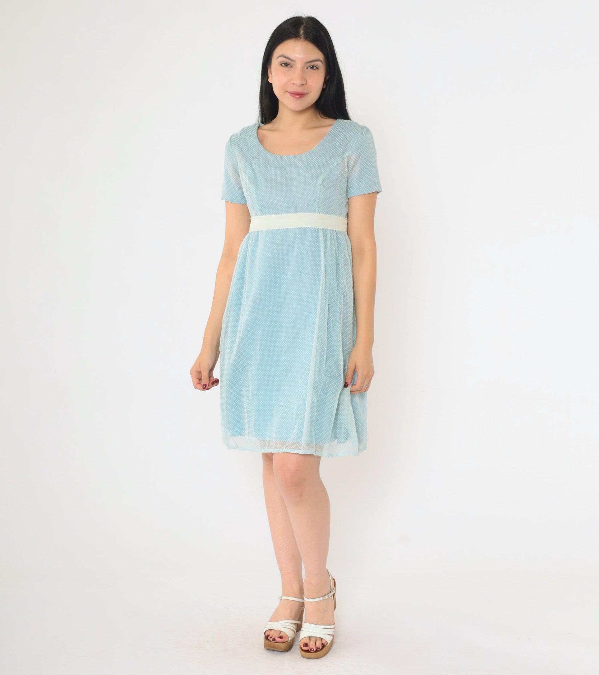1970s Swiss Dot Babydoll Mini Dress Baby Blue Empire Waist Extra Small