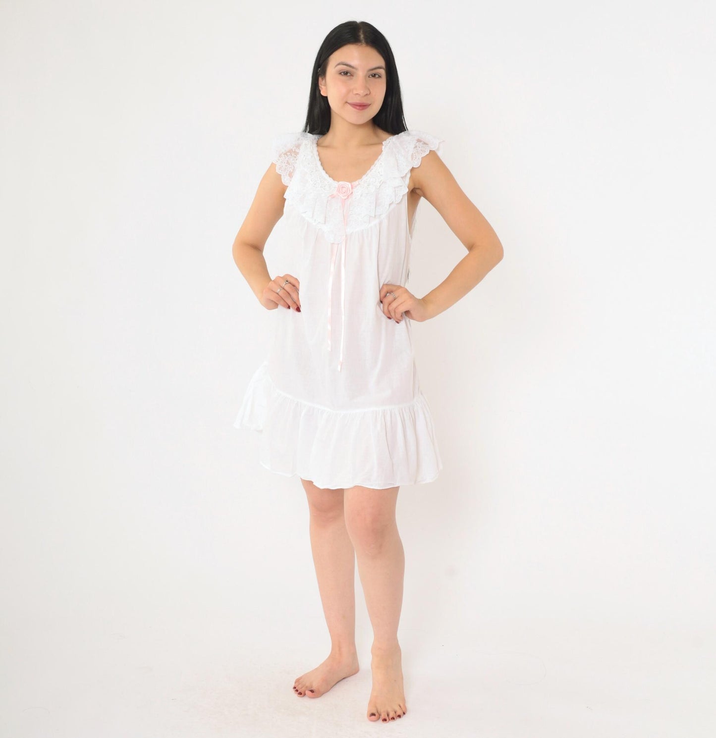80s White Nightgown Pink Rose Lace Trim Sleeveless Babydoll Small