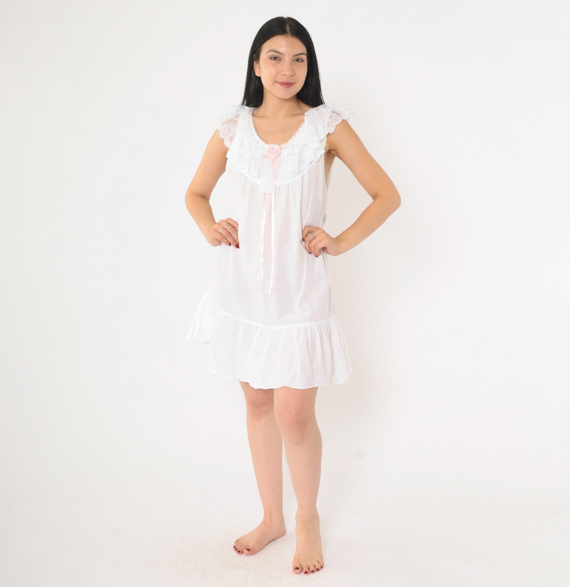 80s White Nightgown Pink Rose Lace Trim Sleeveless Babydoll Small