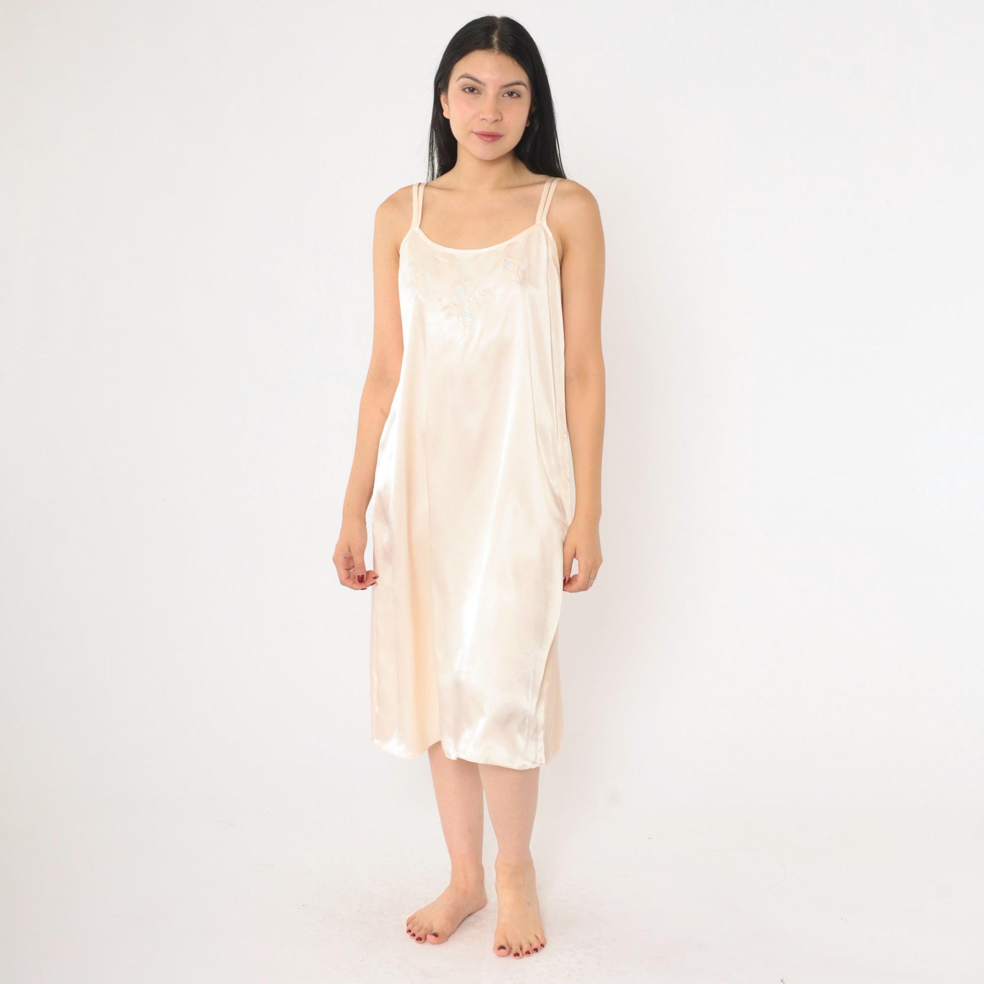 90s Floral Embroidered Slip Dress Pale Pink Satin Midi Chemise Medium