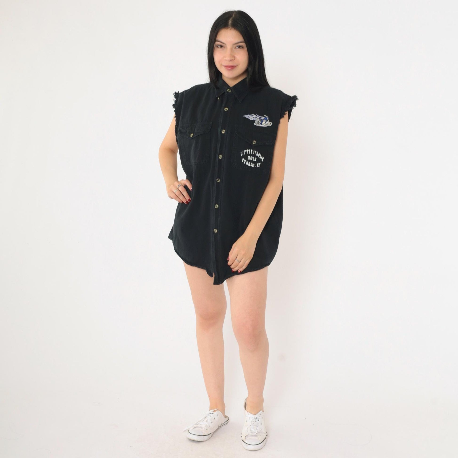 00s Little Sturgis Kentucky Sleeveless Button-Up Biker Shirt Black Large