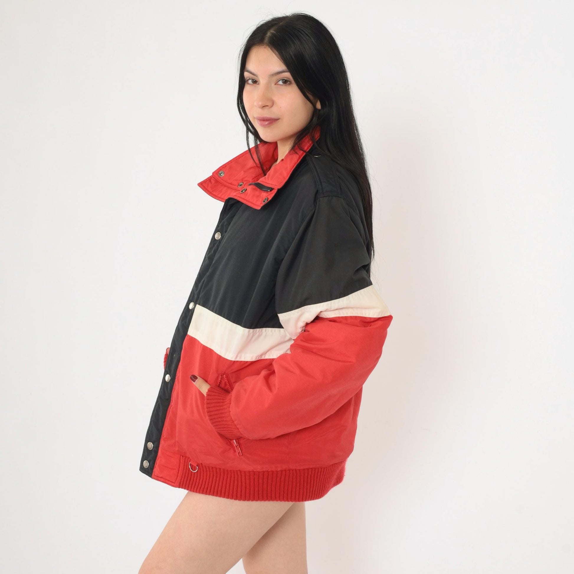 80s Color Block Puffer Ski Jacket Red Black White Nylon Large