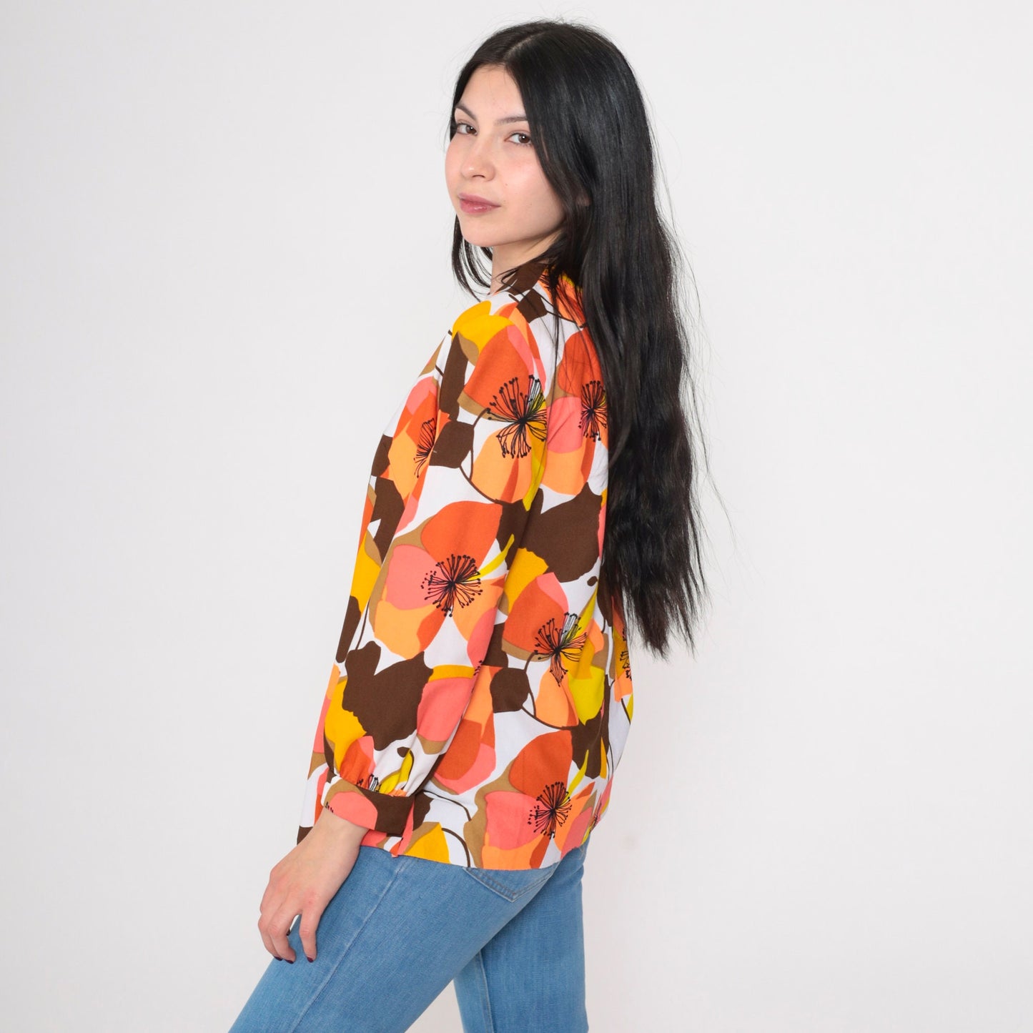 70s Floral Blouse Bright Tropical Coral Orange Long Sleeve Round Neck Medium