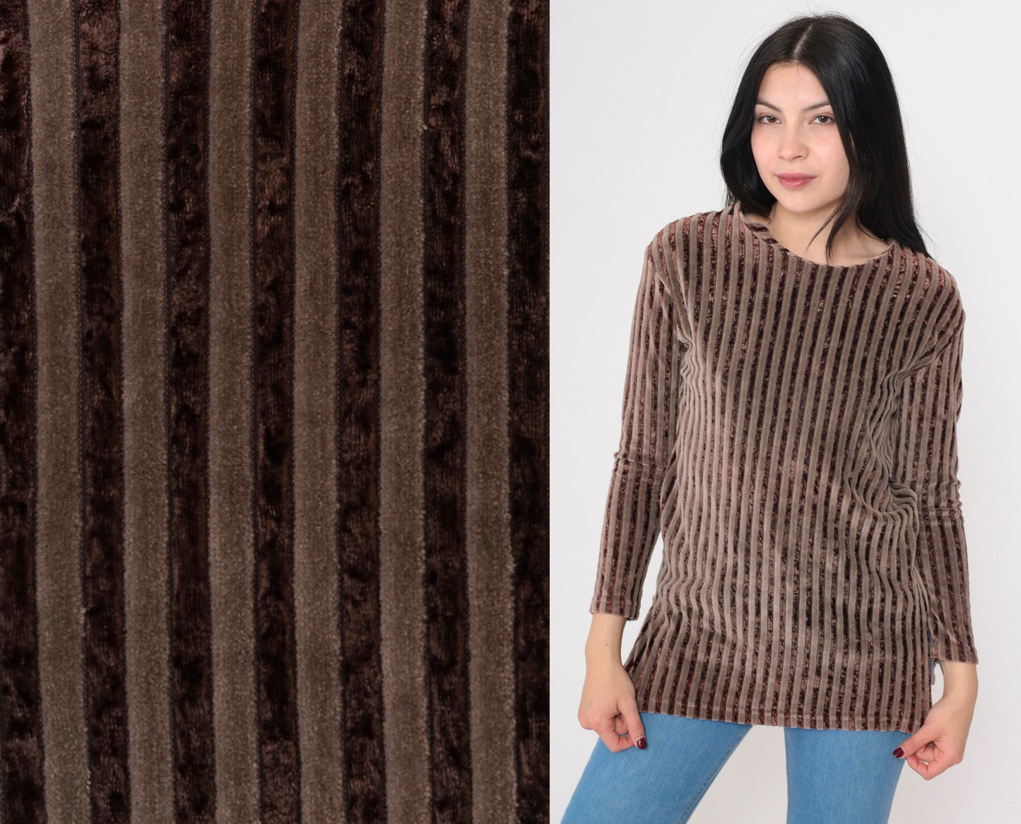 90s Brown Striped Velour Blouse Scoop Neck Long Sleeve Small
