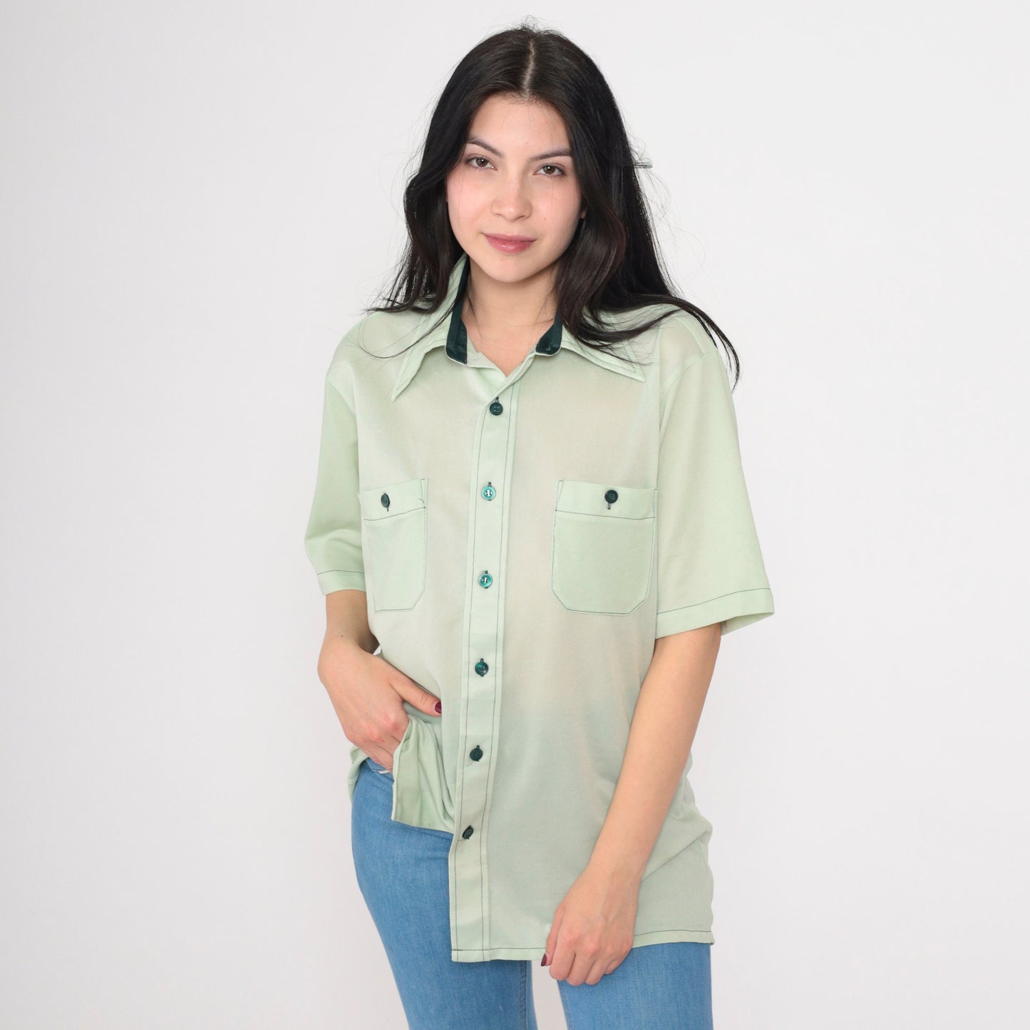 70s Mint Green Button Up Shirt Short Sleeve Collared Chest Pockets Large