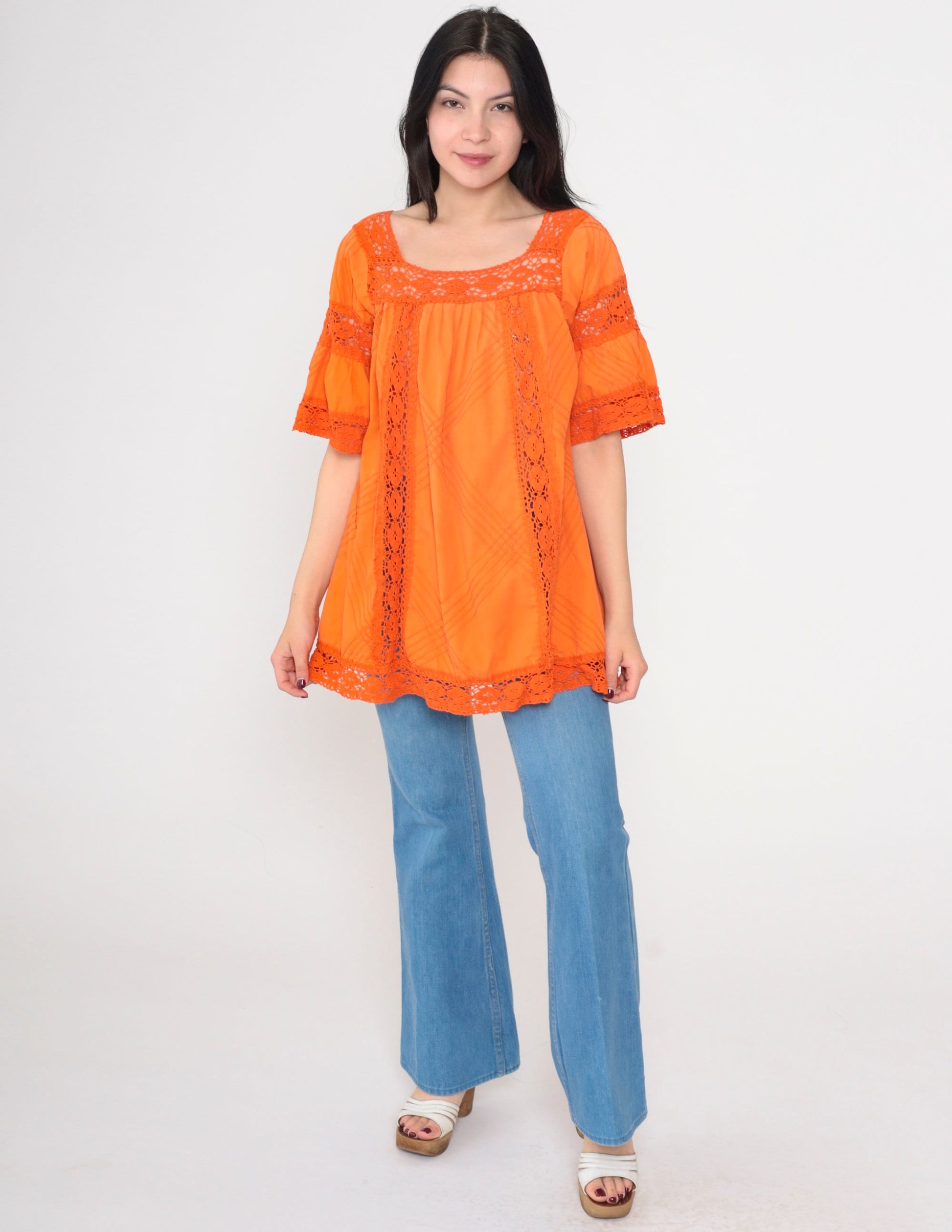 90s Orange Mexican Blouse Bell Sleeve Crochet Lace Tunic Medium