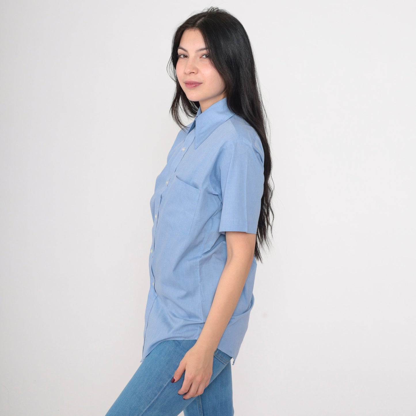 70s Fleetline Chambray Button-Up Shirt Blue Dagger Collar Short Sleeve Small