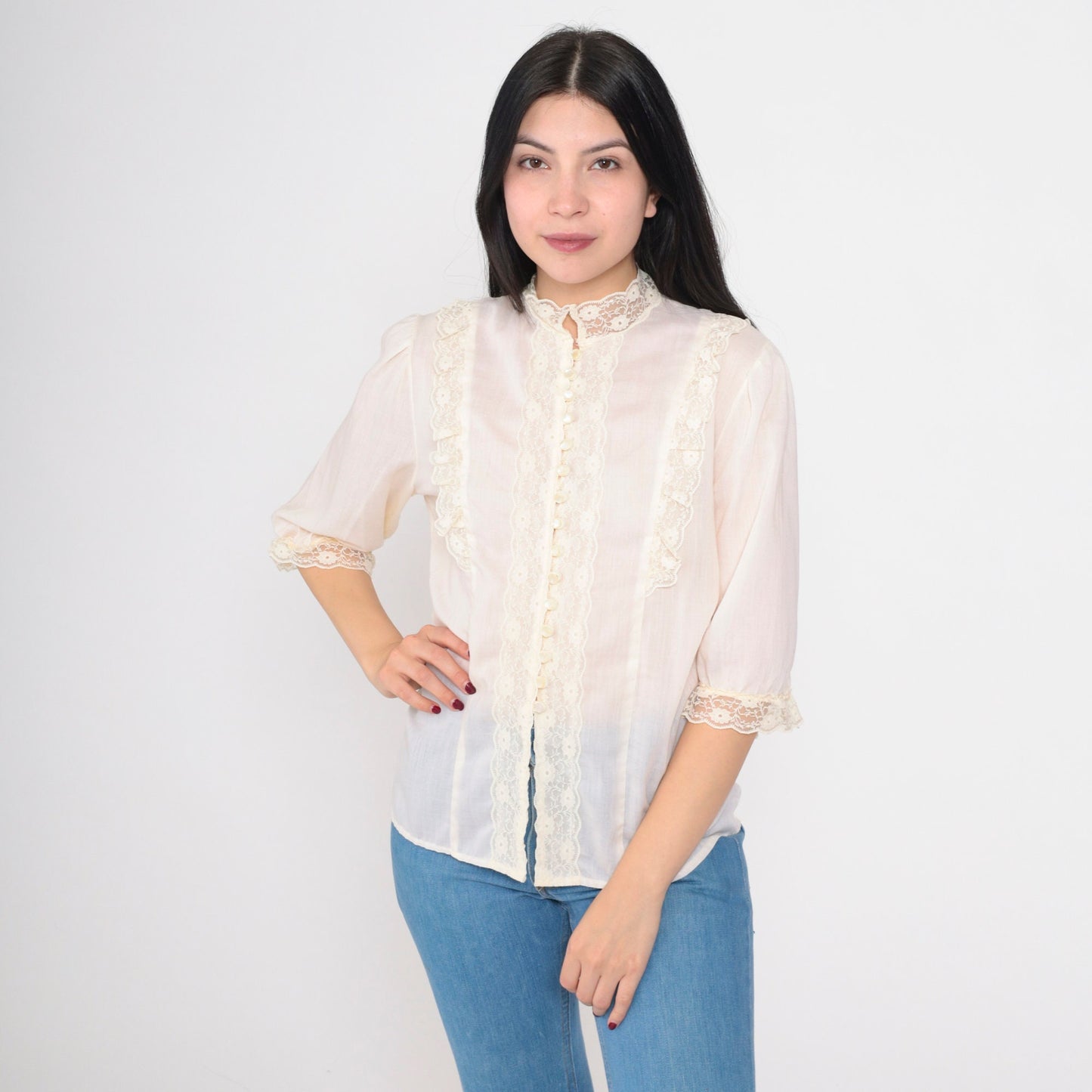 70s Sheer Ivory Lace Blouse Puff Sleeve Pearl Button Up Medium