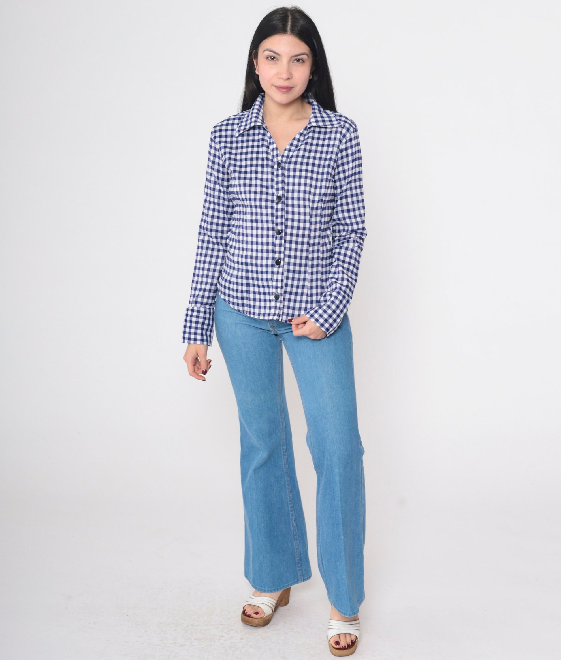 80s Blue Gingham Button-Up Blouse Princess Seam V-Neck Long Sleeve Small S