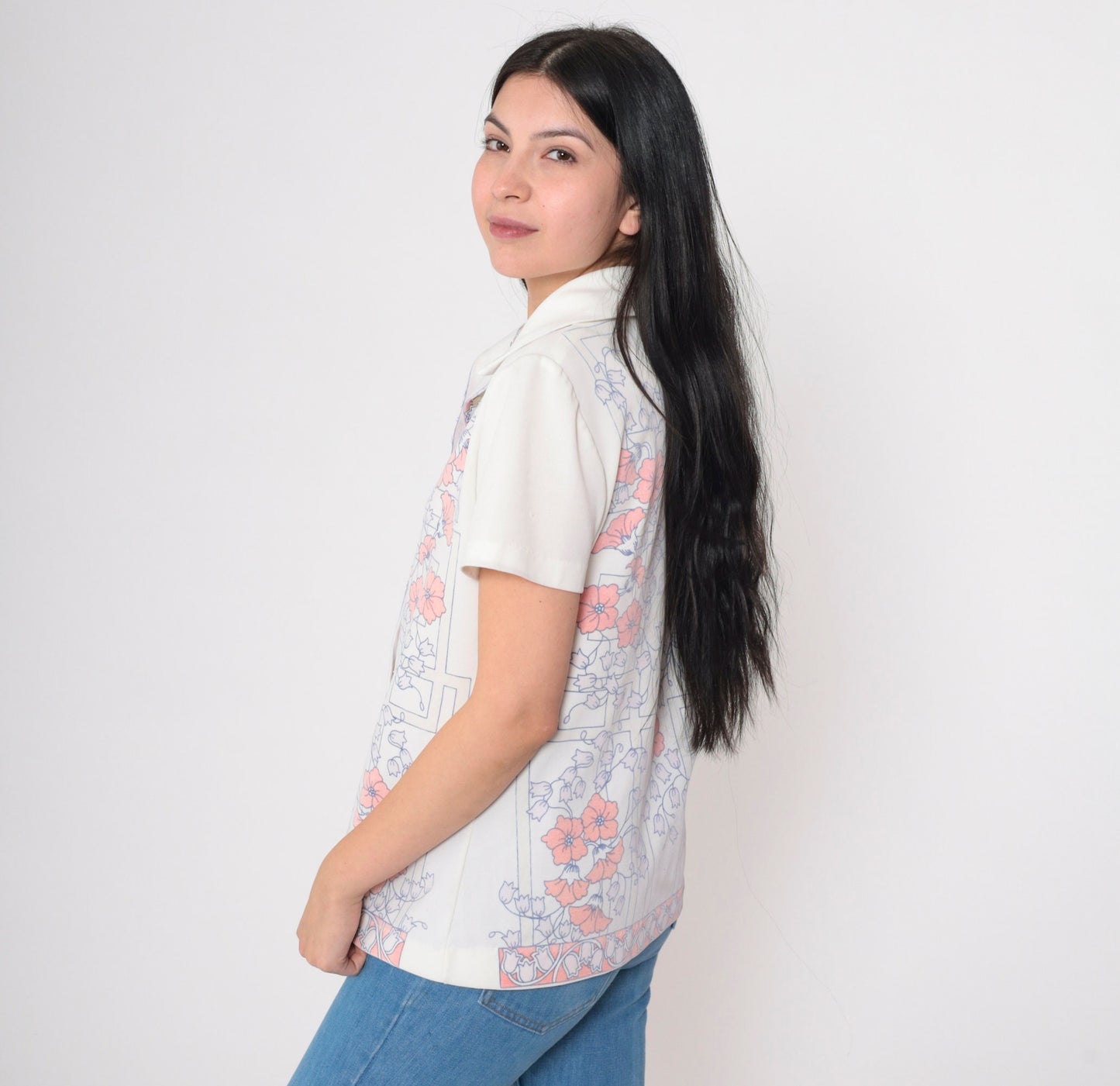 70s Floral Button-Up Blouse White Dagger Collar Short Sleeve Medium