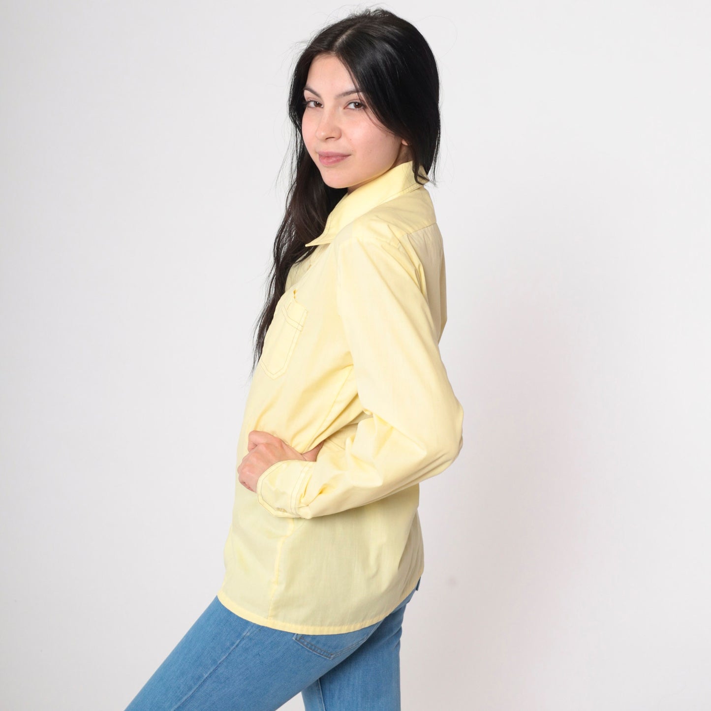 70s Yellow Dagger Collar Button-Up Shirt Topstitched Long Sleeve Medium