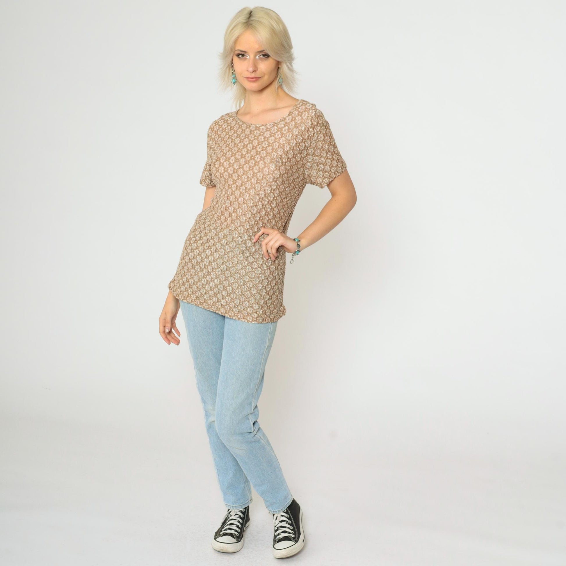90s Clio Floral Lace Blouse Tan Short Sleeve Scoop Neck Medium