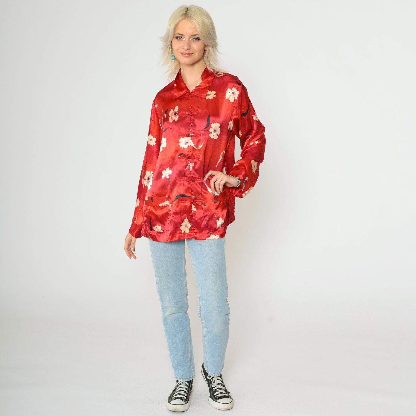 90s Neiman Marcus Red Floral Satin Blouse Frog Closures Ombre Medium