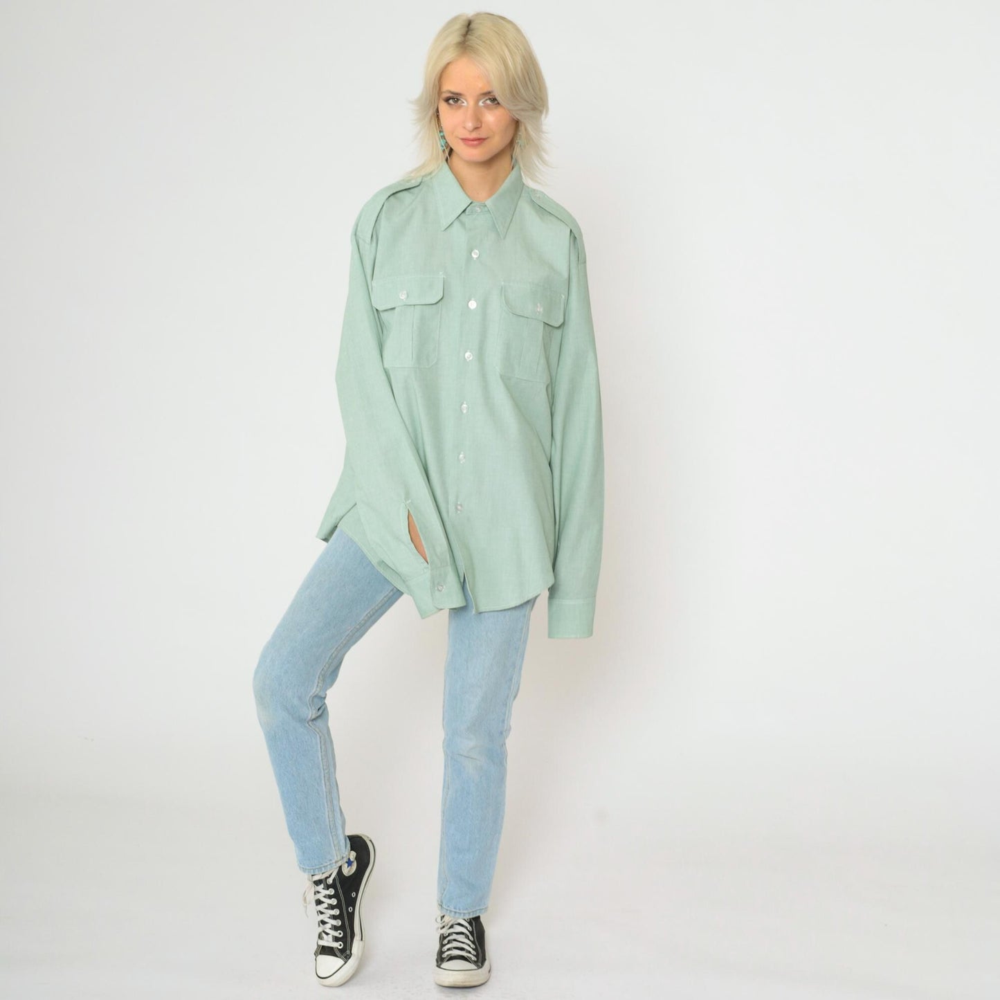 00s Light Green Button-Up Shirt Oxford Collar Long Sleeve Work Top XL