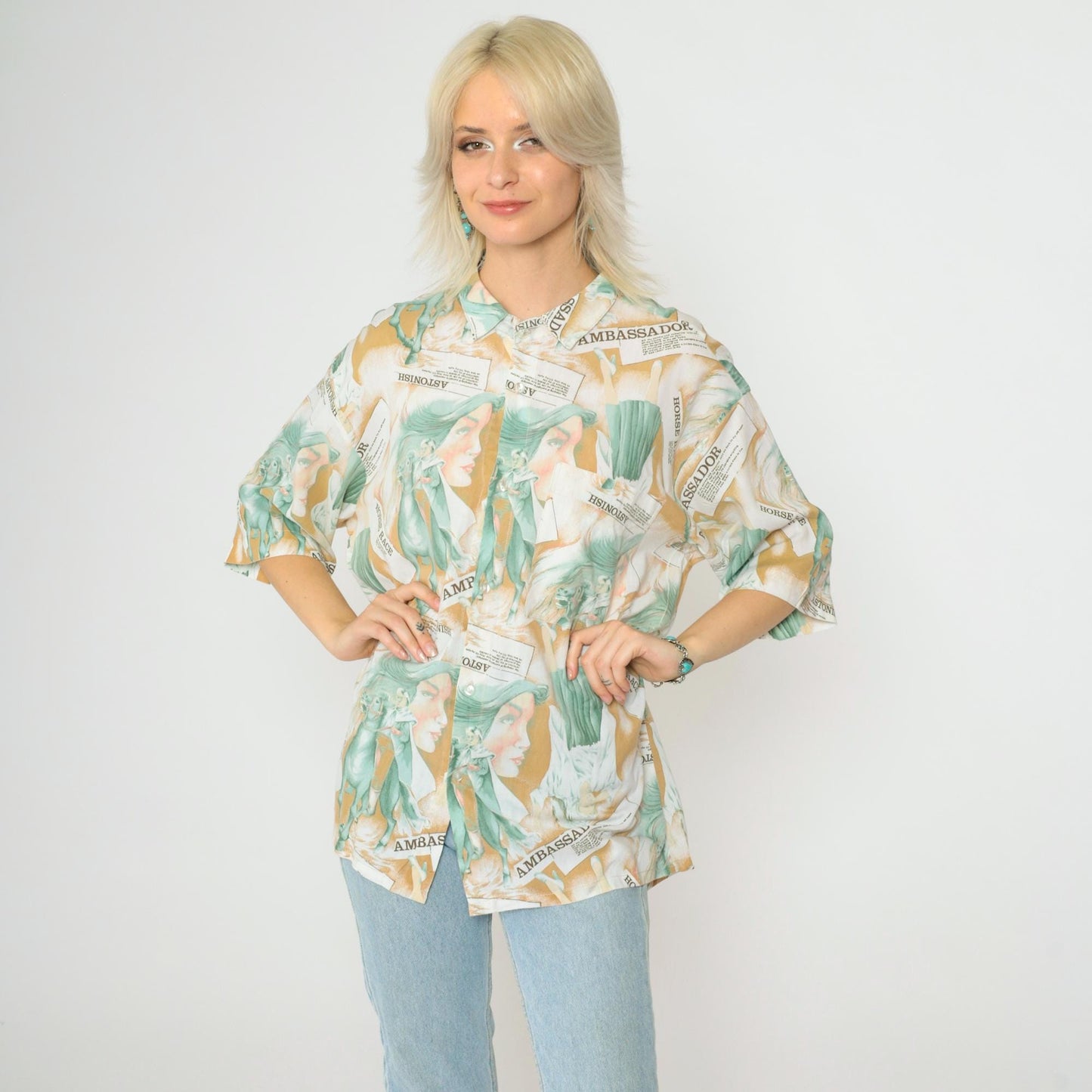 90s Horse Racing Ambassador Graphic Button-Up Shirt Short Sleeve Large