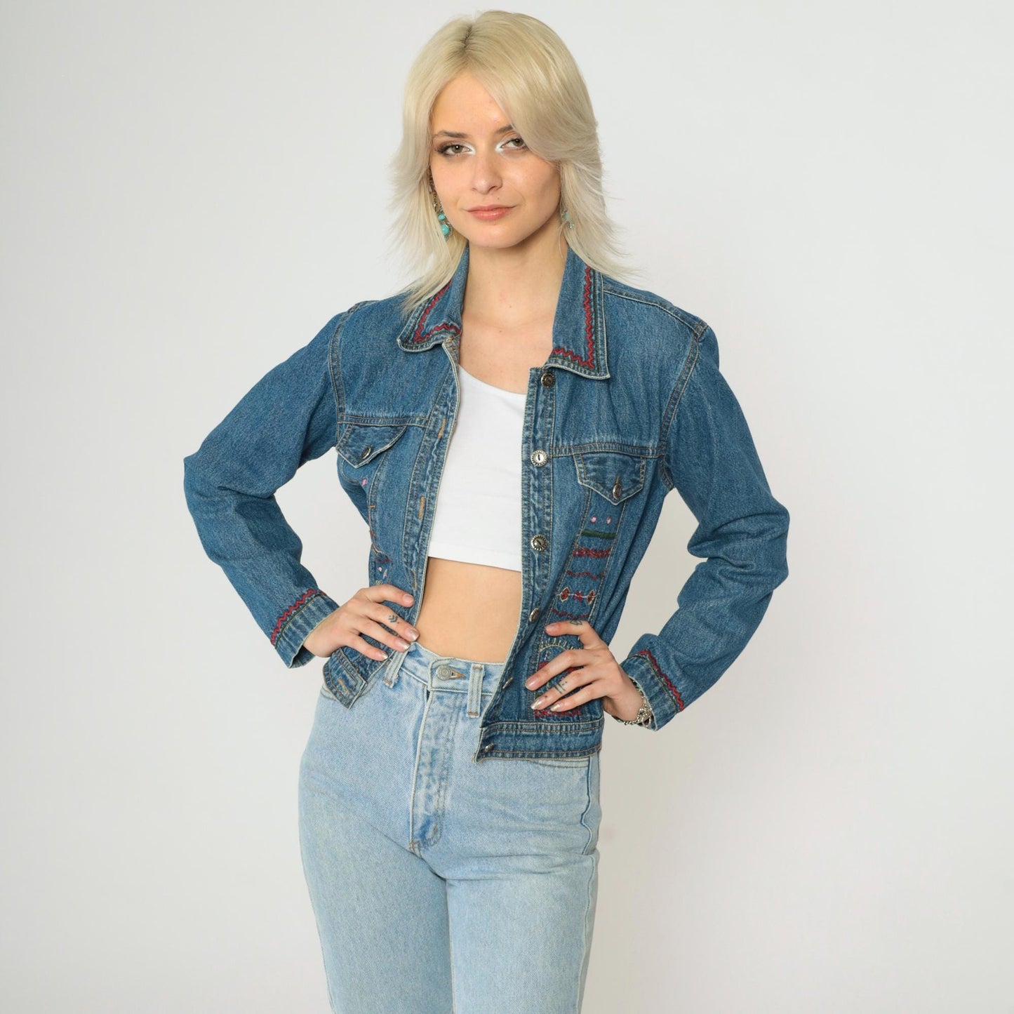 00s New Identity Denim Jacket Geometric Embroidery Blue Jean Jacket Small