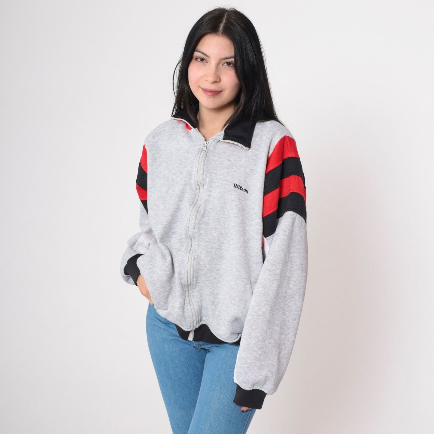 80s Wilson Track Jacket Grey Red Black Striped Zip Up Extra Large XL
