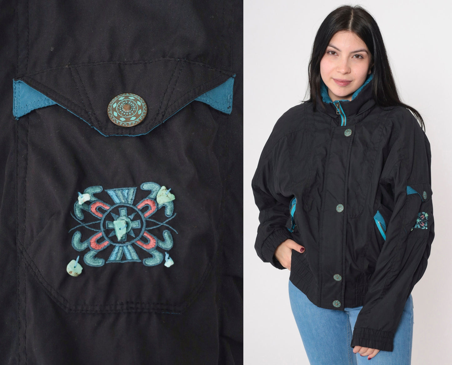 90s Black Puffer Ski Jacket Turquoise Trim Windbreaker Extra Large XL