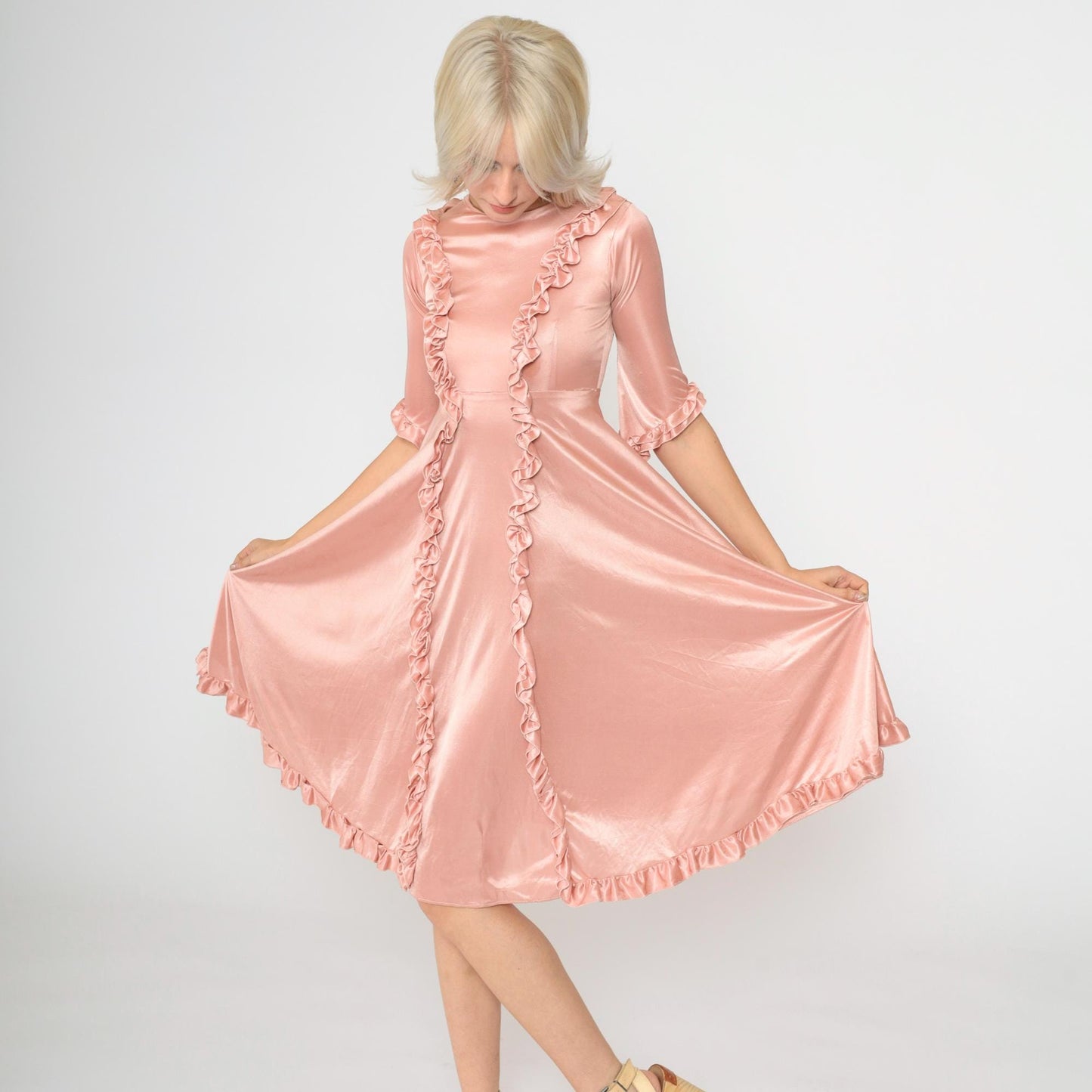 70s Pink Ruffled Babydoll Midi Dress Empire Waist Half Sleeve XXS