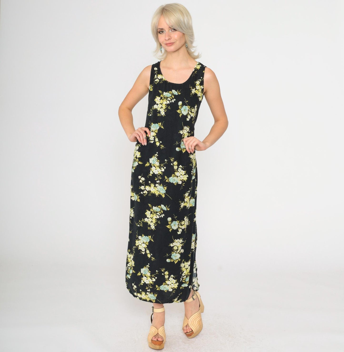90s R&K Originals Black Floral Rayon Dress Sleeveless Ankle Length Medium