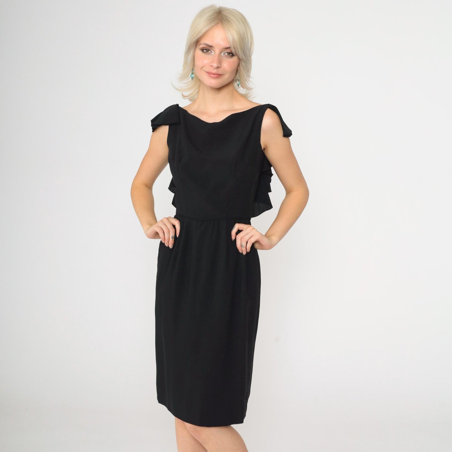 1960s Black Sheath Dress Ruffle Open Back Pencil Knee Length Small