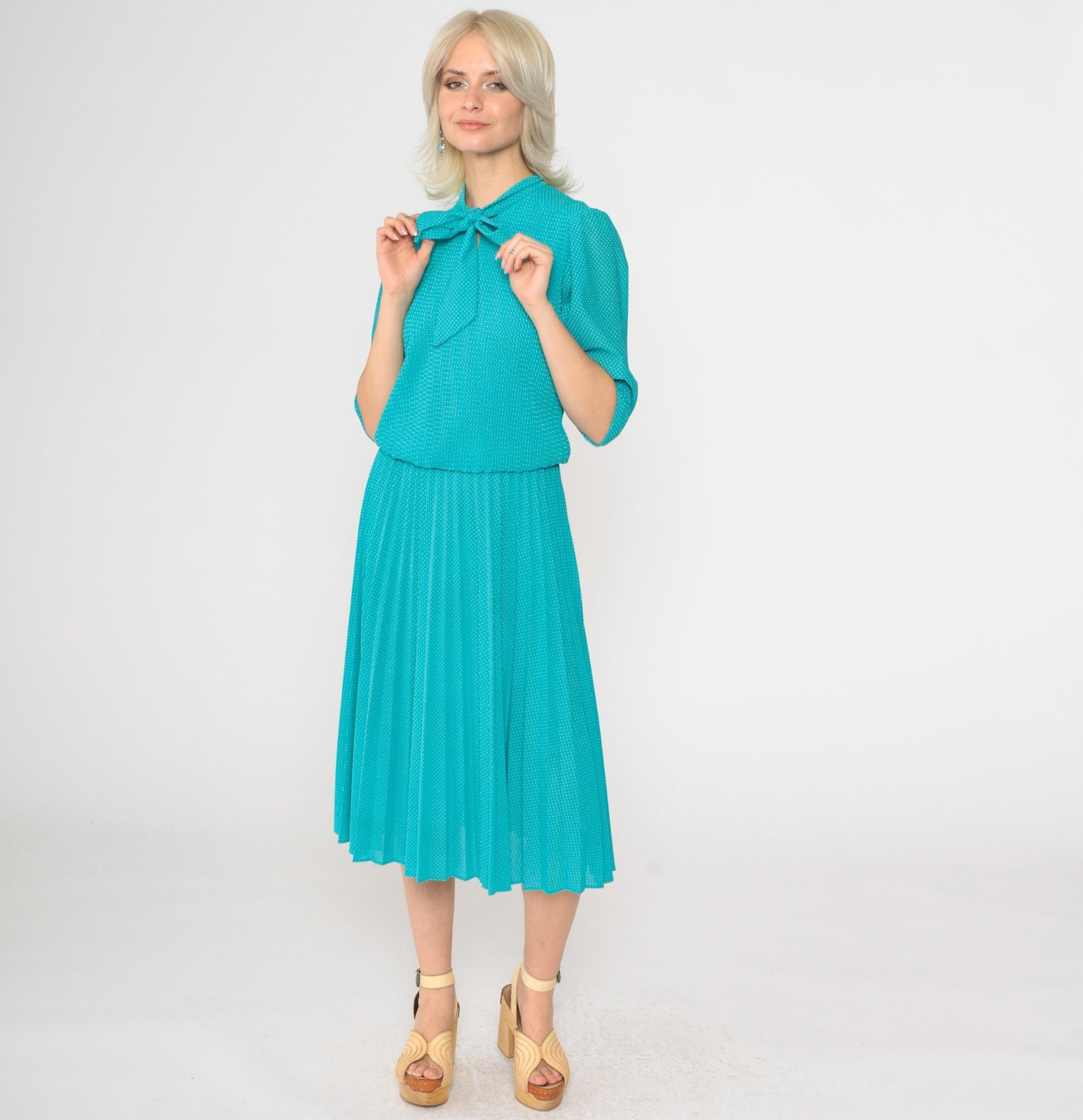 70s Turquoise Polka Dot Midi Dress Ascot Bow High Waist Pleated Small Medium