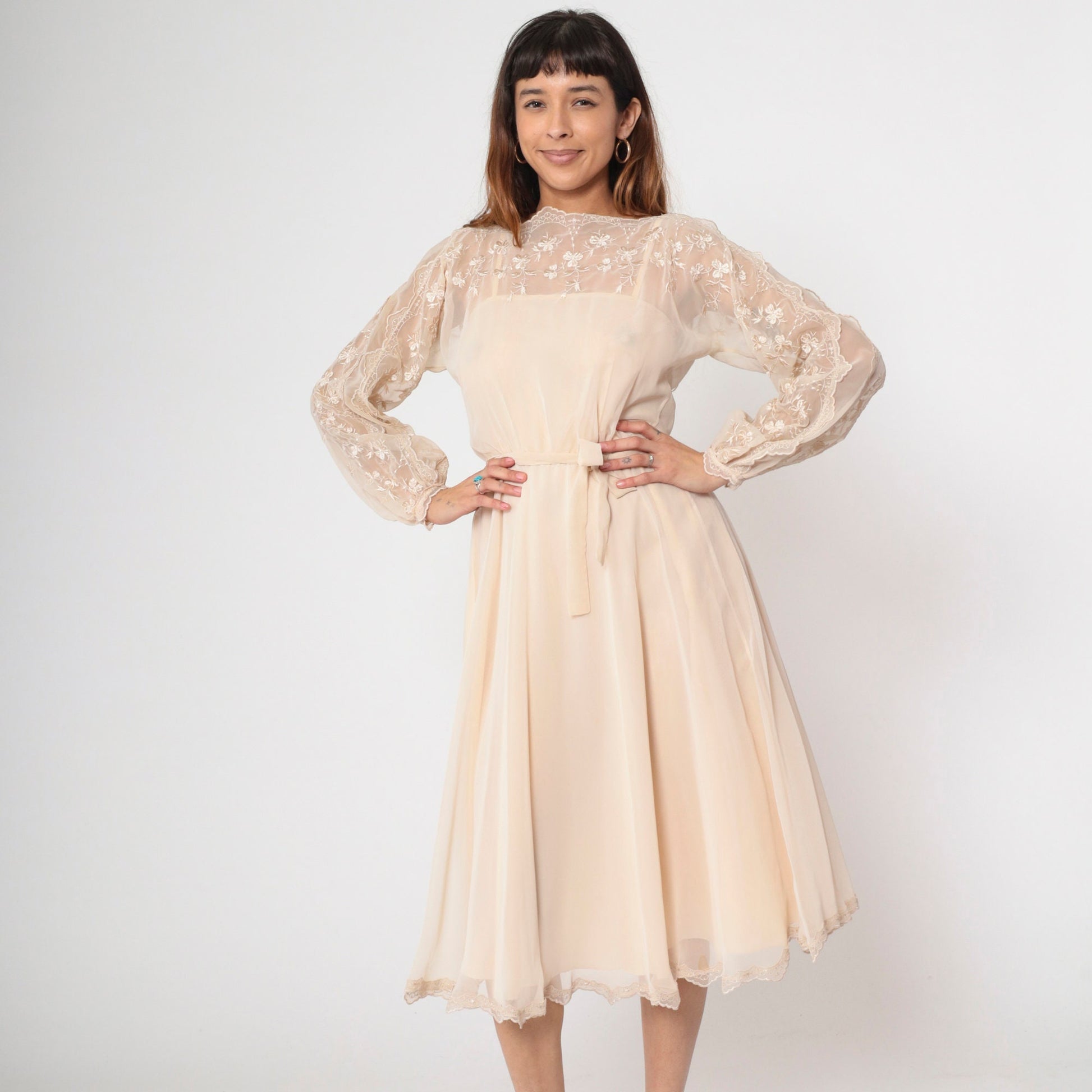70s Beige Chiffon Midi Dress Floral Embroidery Illusion Neckline Small