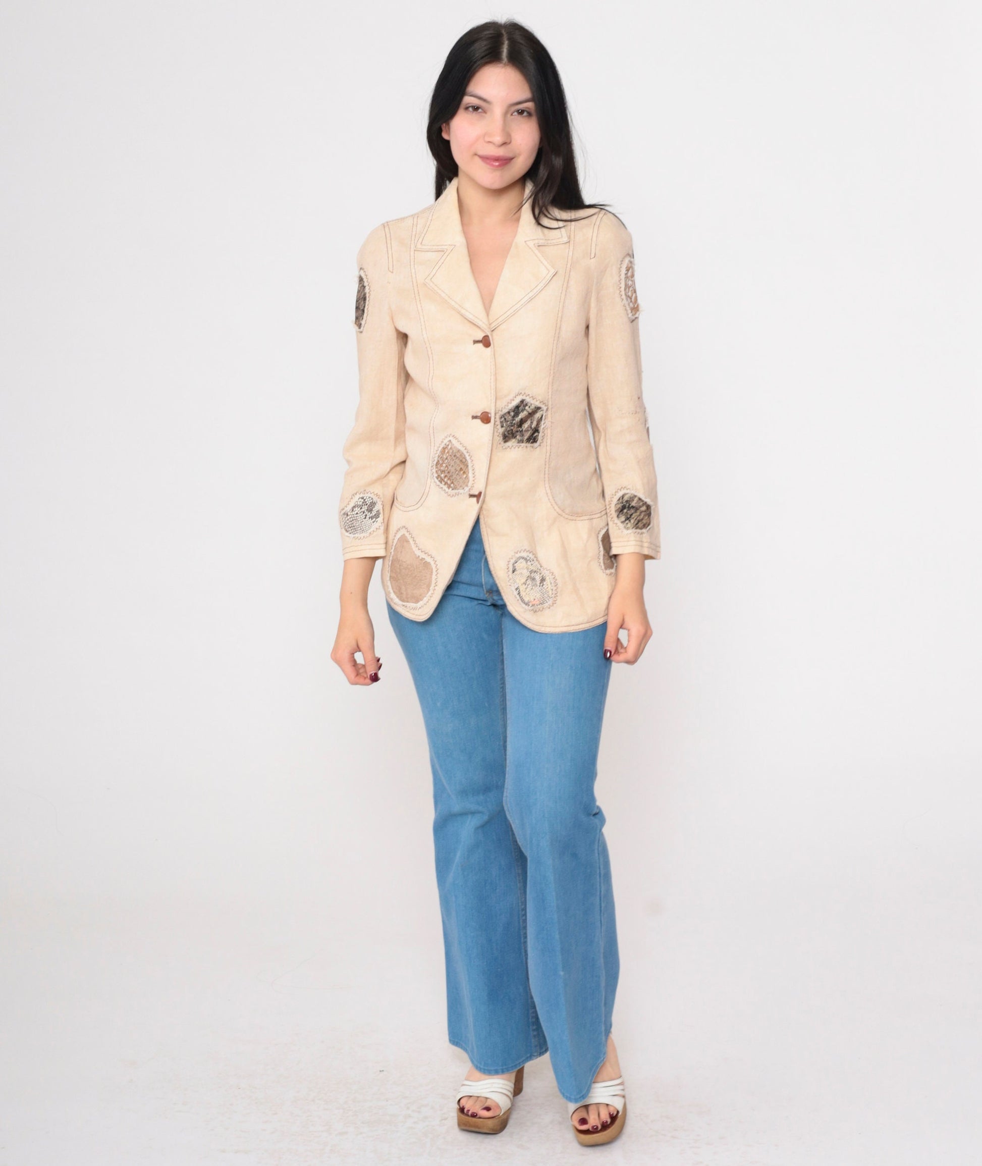 90s Patchwork Blazer Beige Animal Print Patch Jacket Extra Small XS