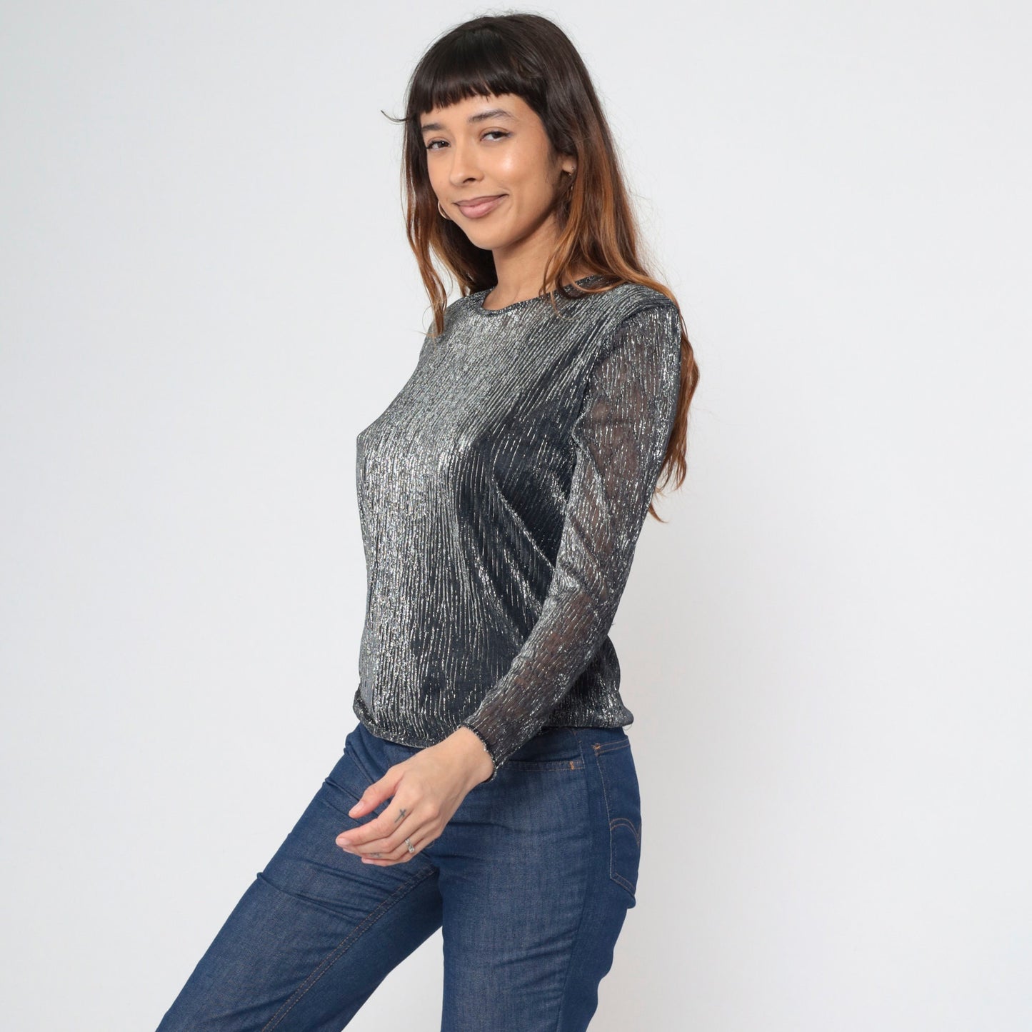 90s Lauren Lee Black Silver Striped Metallic Blouse Long Sleeve Medium