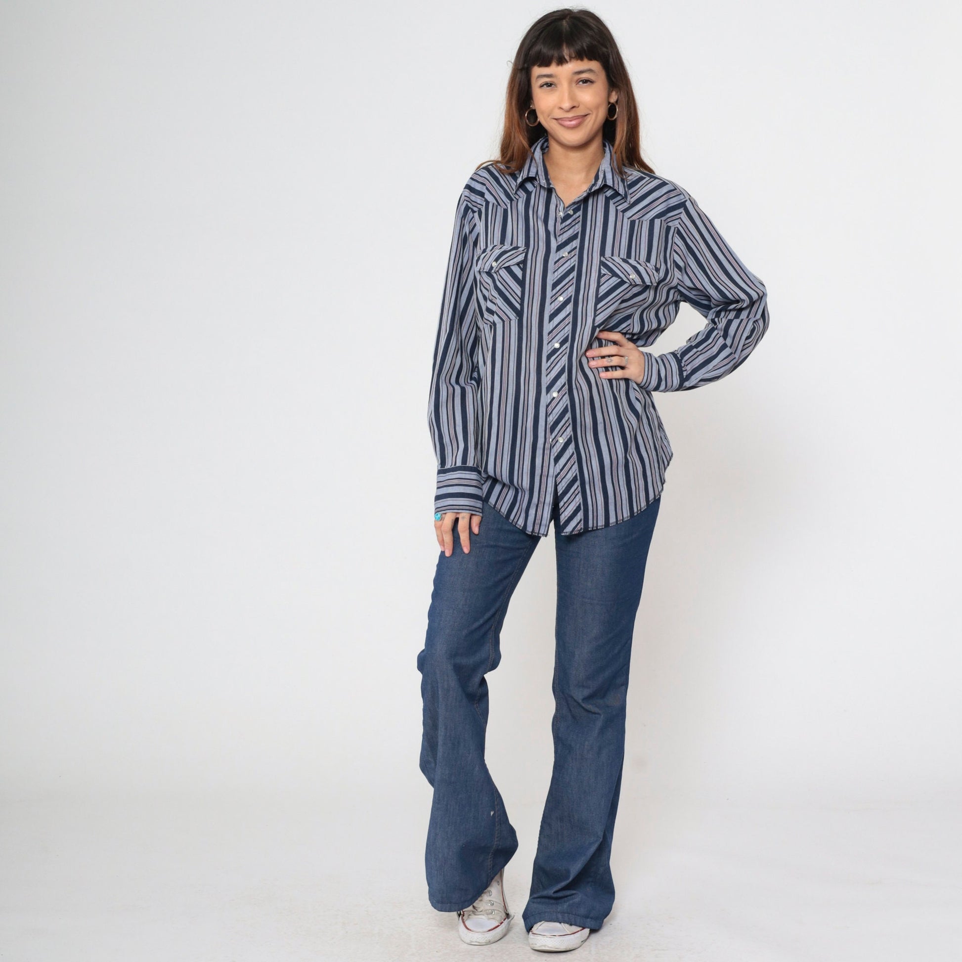 90s Wrangler Pearl Snap Western Shirt Striped Navy Red Long Sleeve Large