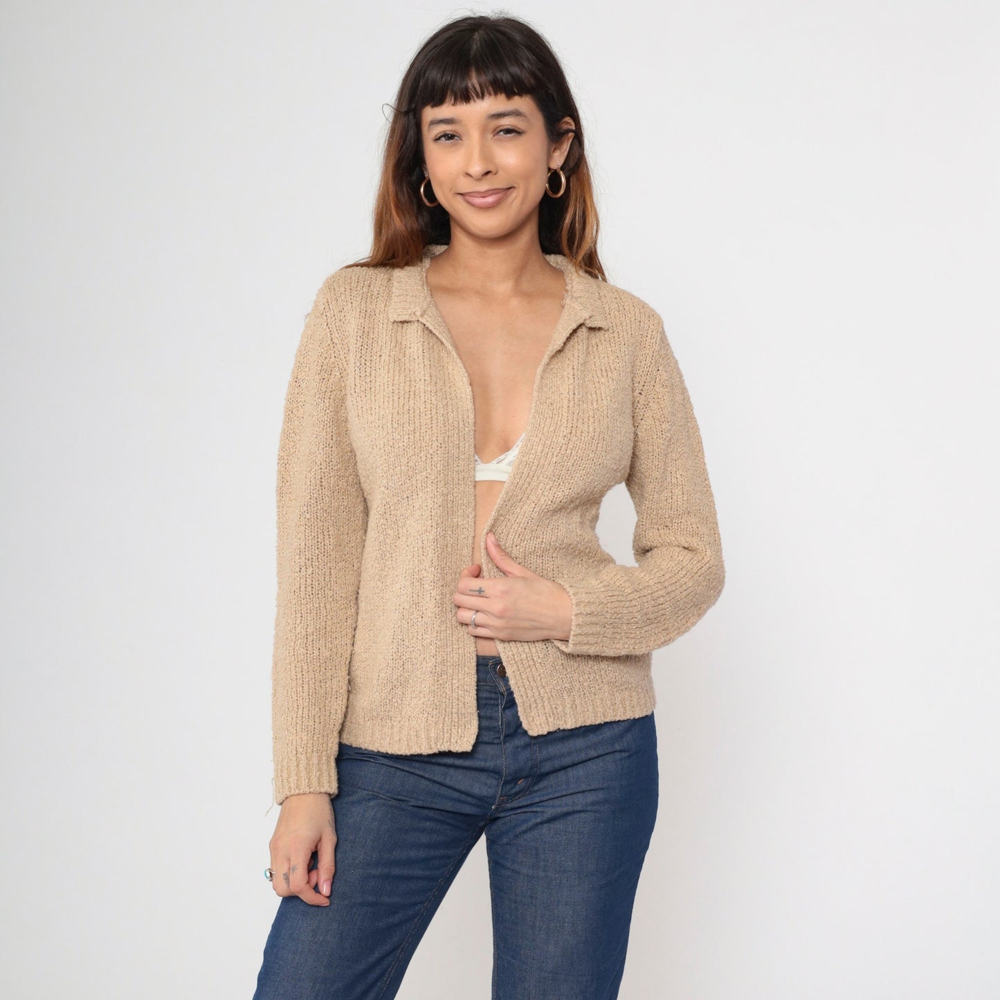 70s Tan Cardigan Open Front Wrap Sweater Medium