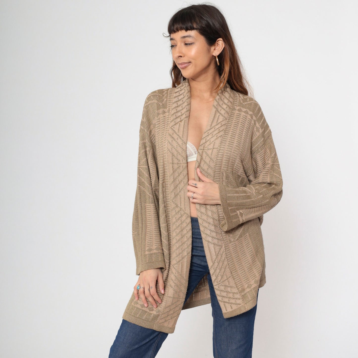 90s Tan Geometric Wrap Cardigan Sweater Medium
