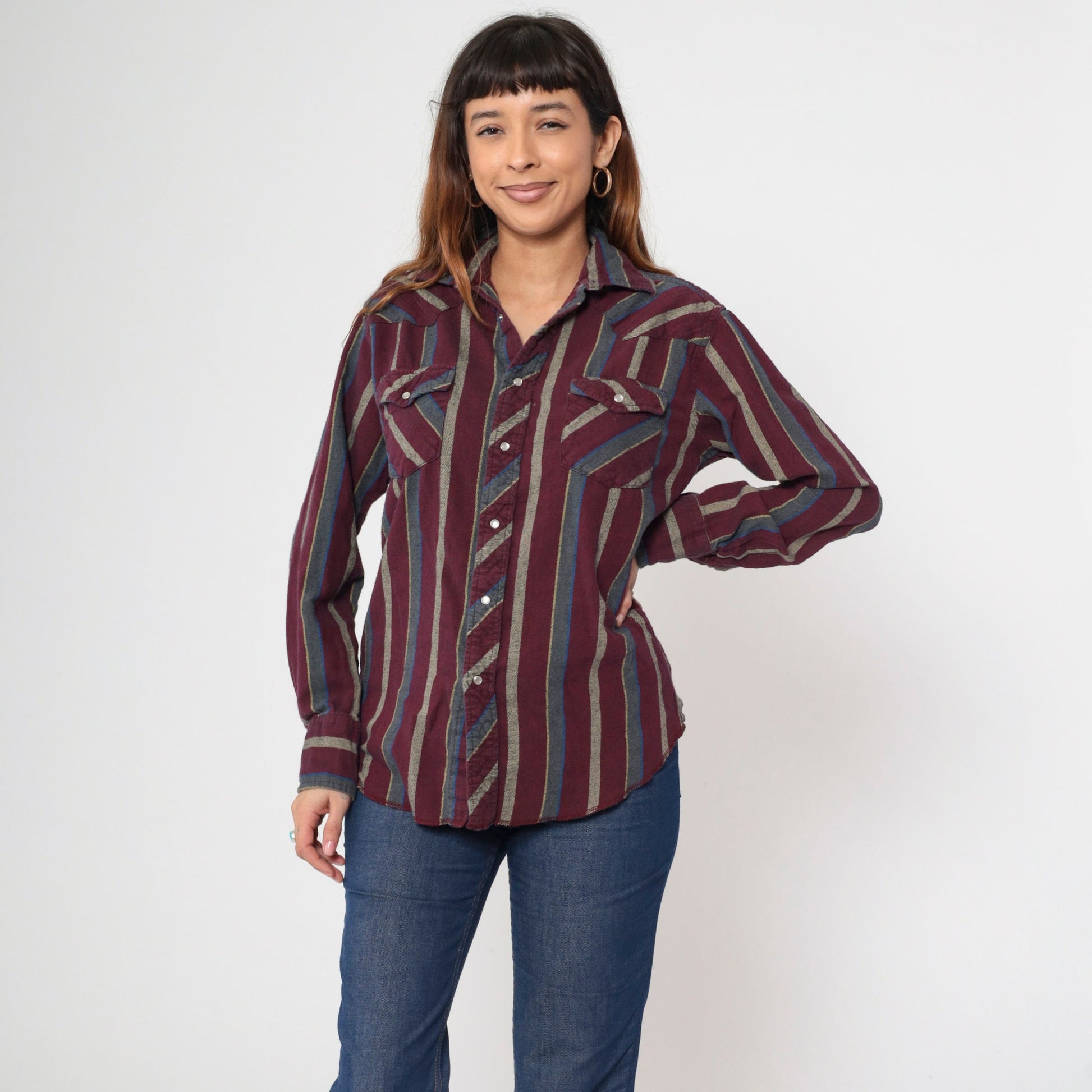 90s Wrangler Pearl Snap Western Shirt Burgundy Striped Medium