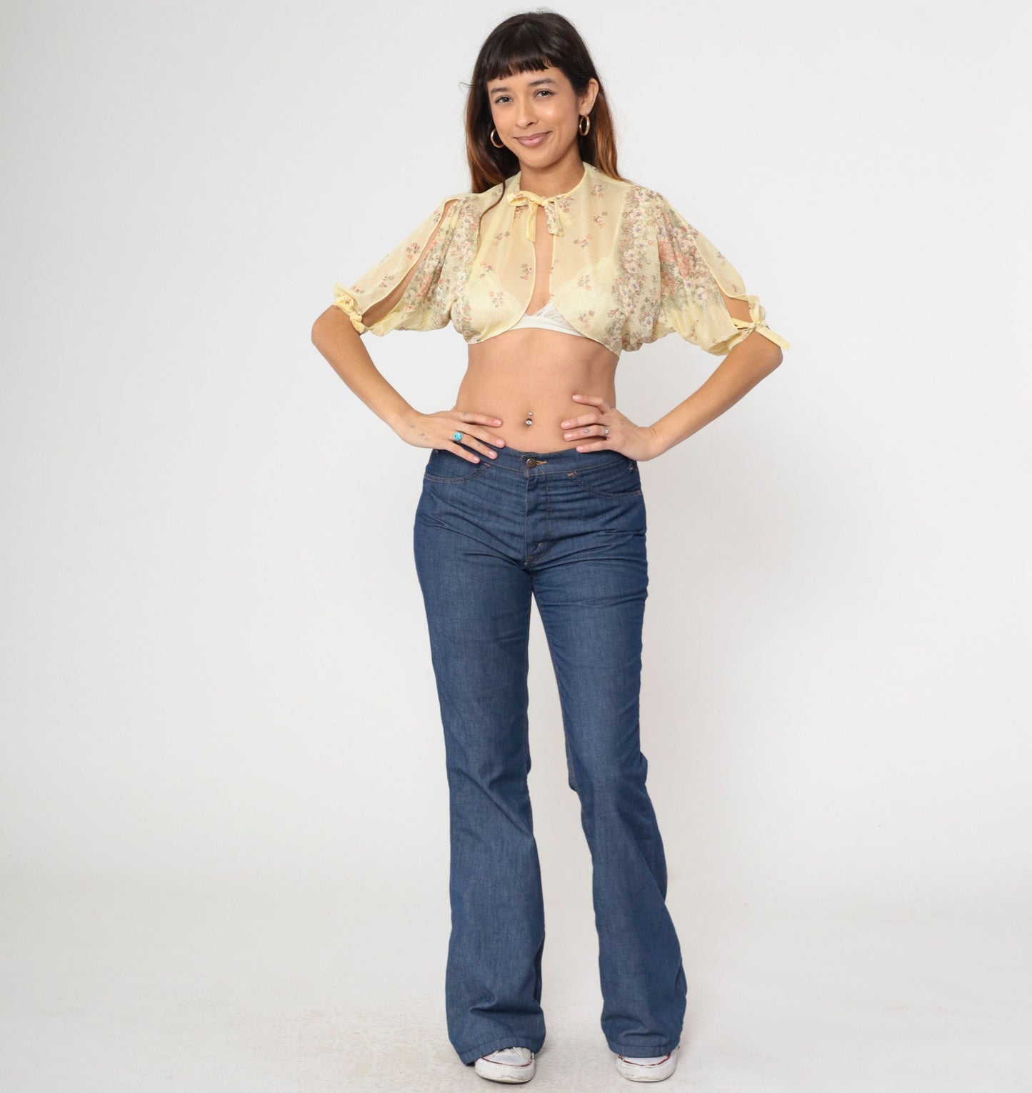 70s Yellow Floral Bolero Jacket Sheer Crop Open Front Tie Chest Small Medium