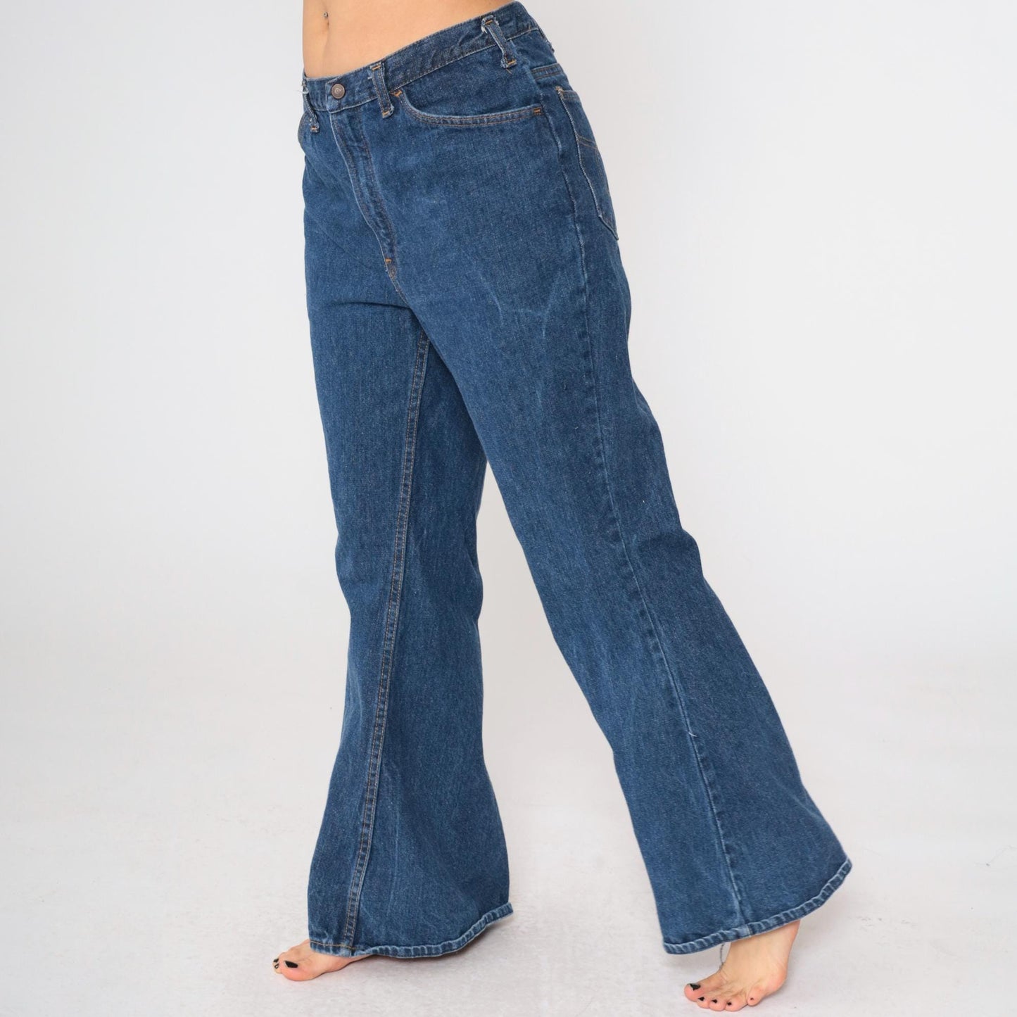 80s Dark Blue Denim High-Rise Boot Cut Jeans Medium 33