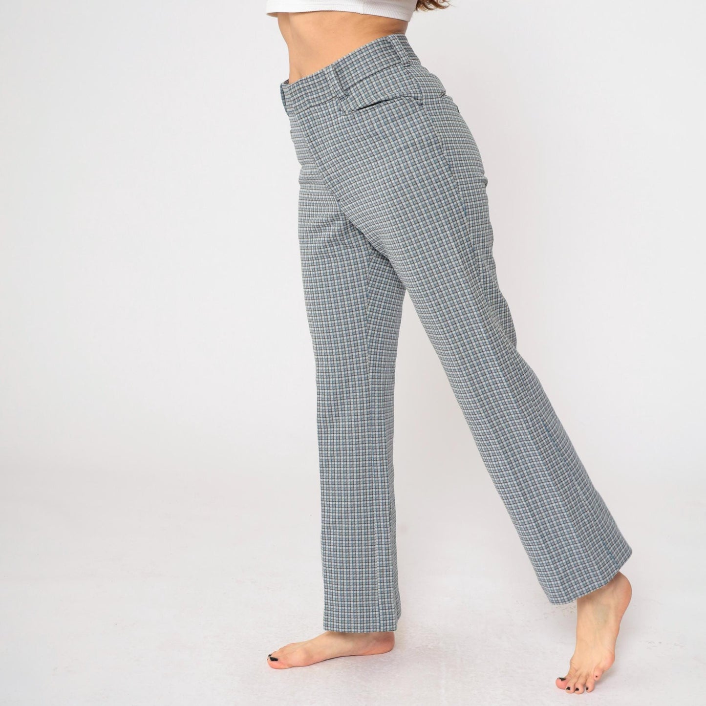 70s Checkered High-Waisted Straight Leg Trousers Grey Blue Medium