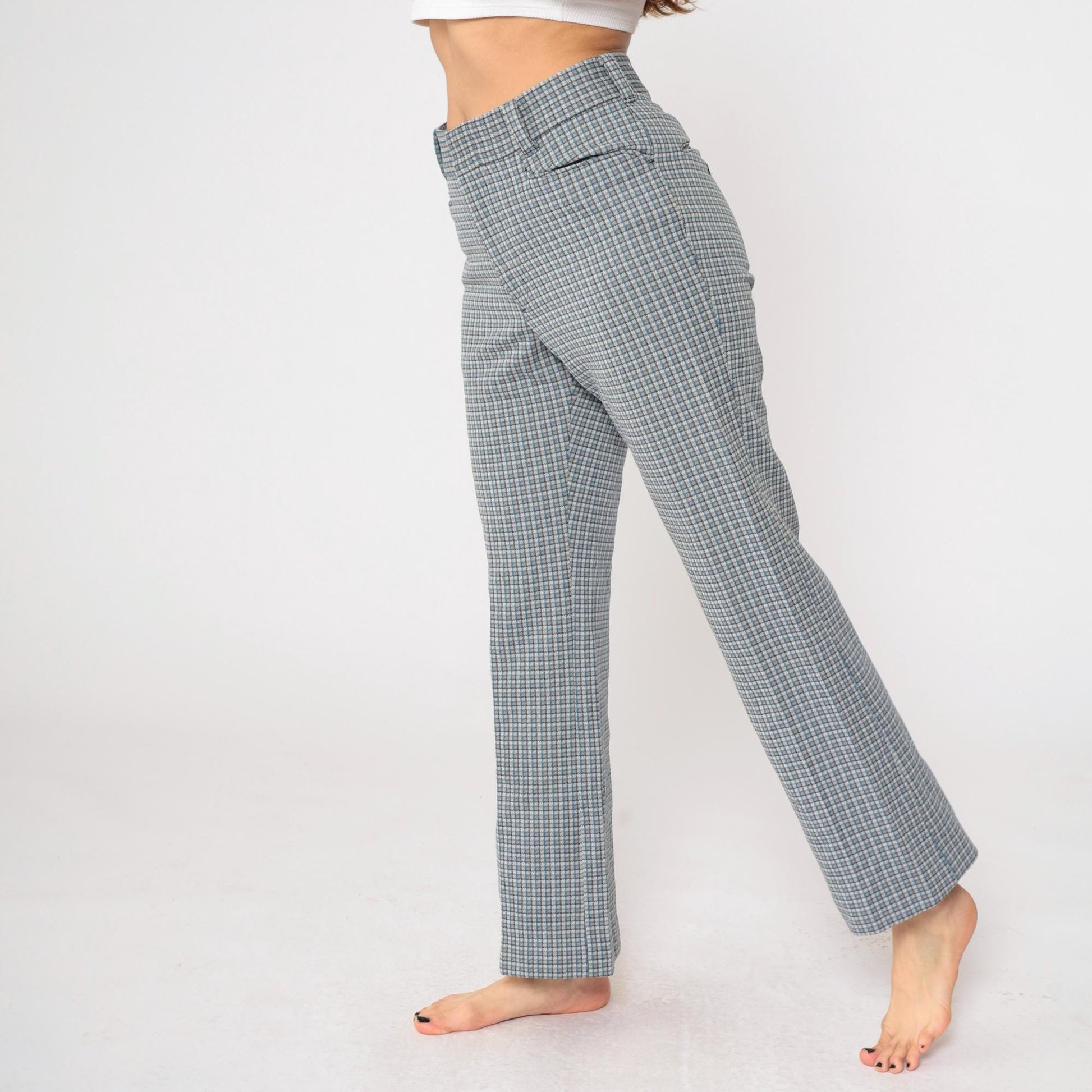 70s Checkered High-Waisted Straight Leg Trousers Grey Blue Medium
