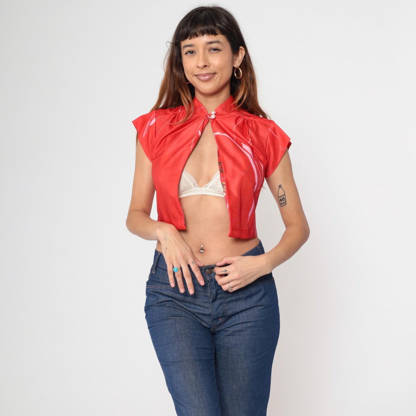 70s Red Floral Crop Top Mandarin Collar Pearl Button Shirt Small S