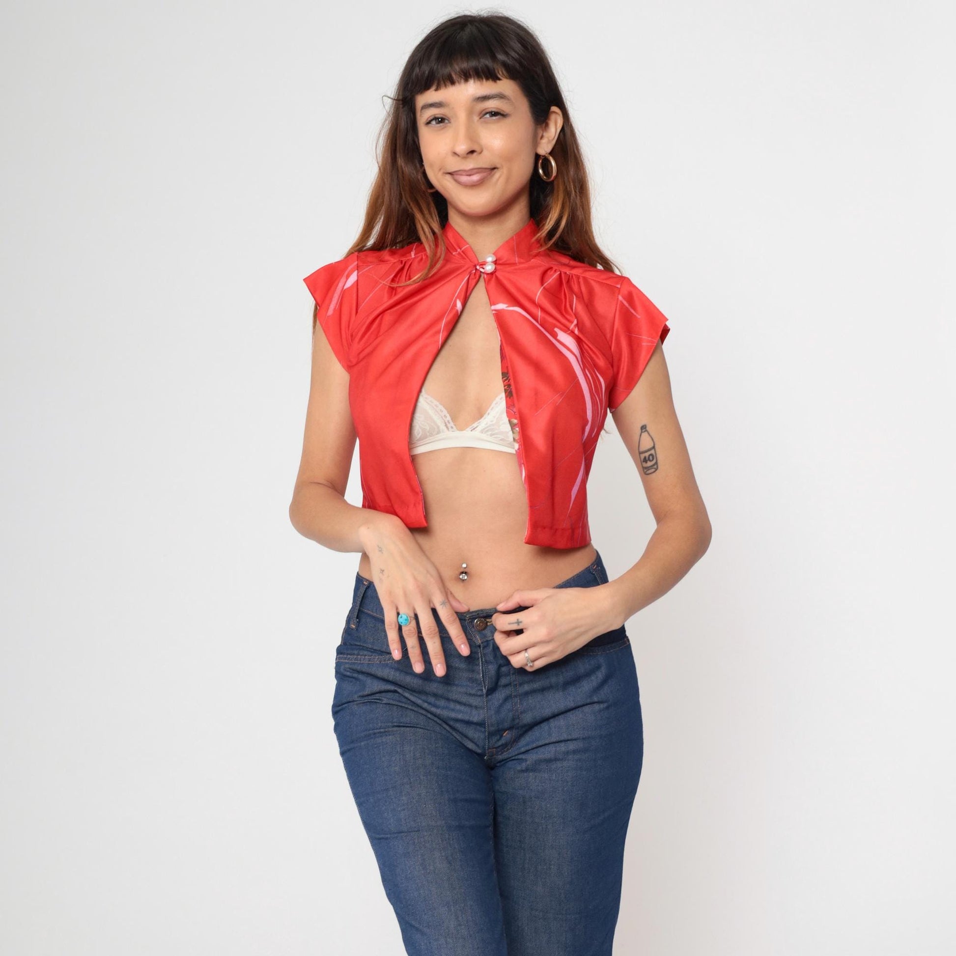 70s Red Floral Crop Top Mandarin Collar Pearl Button Shirt Small S